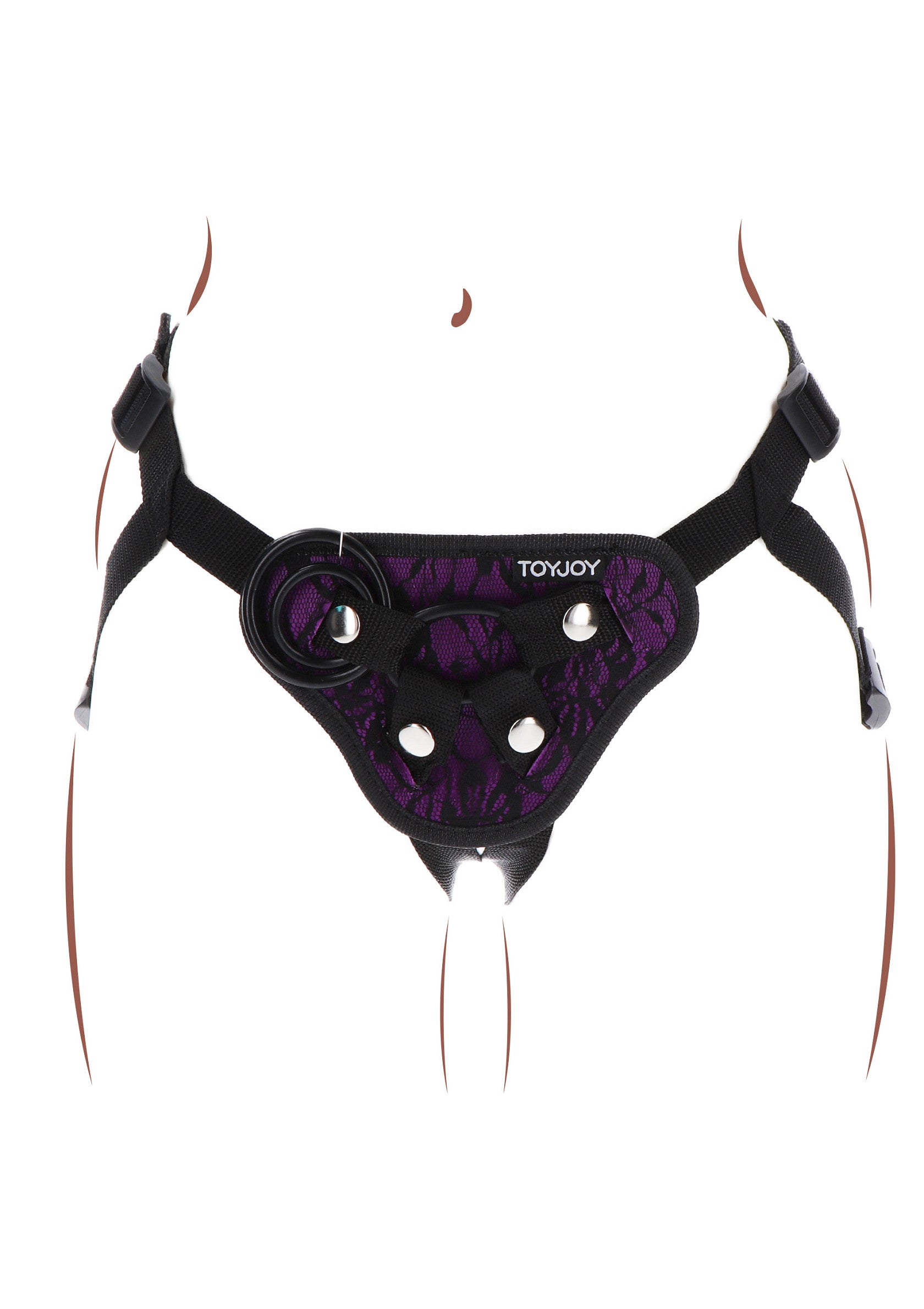 Harnais violet ToyJoy élégant avec anneau métallique et sangles réglables pour un confort optimal.; Elegante paarse ToyJoy harness met metalen ring en verstelbare bandjes voor optimaal comfort.; Stylish purple ToyJoy harness featuring a metal ring and adjustable straps for ultimate comfort.