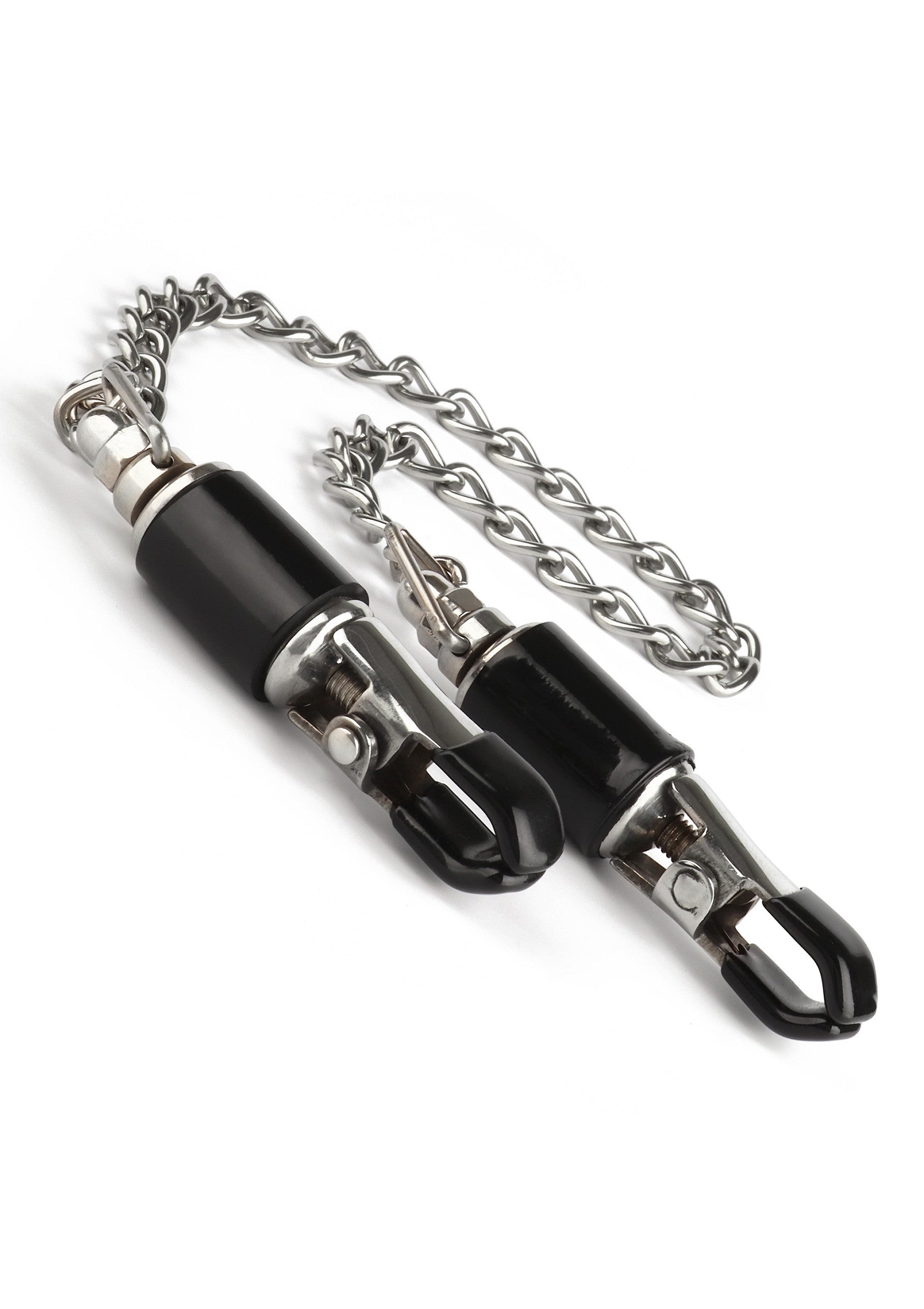 Pinces à tétons avec chaîne en métal. Accessoires coquins pour pimenter votre vie amoureuse.; Tepelklemmen met metalen ketting. Speelse accessoires om je liefdesleven op te fleuren.; Nipple clamps with metal chain. Playful accessories to spice up your love life.