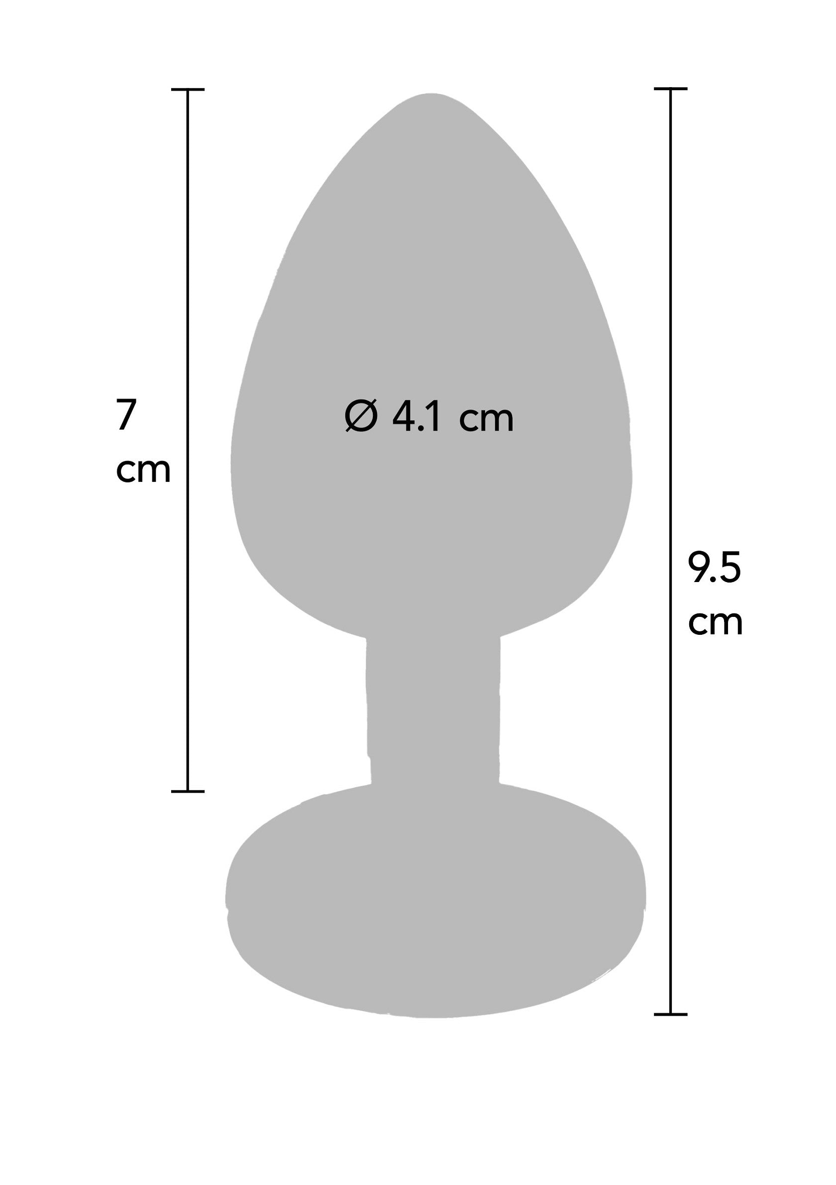 Schéma des dimensions d'un plug anal : 7cm de long et 4,1 cm de diamètre au plus large.; Diagram met de afmetingen van een buttplug: 7 cm lang en 4,1 cm in diameter op het breedste punt.; Diagram with the dimensions of a butt plug: 7cm long and 4.1 cm in diameter at the widest point.