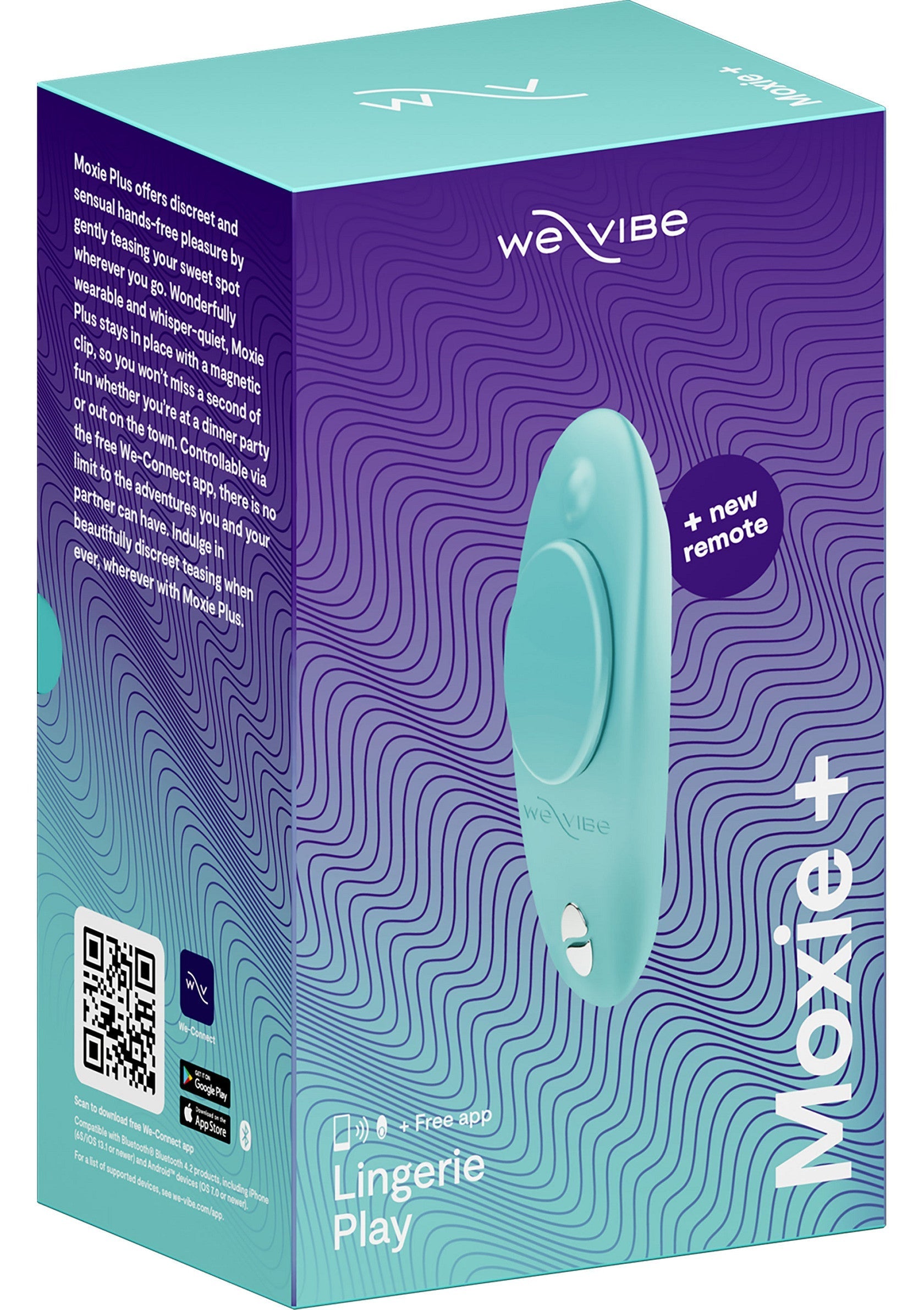We-Vibe Moxie+ vibromasseur à porter, discret et silencieux. Contrôle via application, idéal pour lingerie. Avec télécommande.; We-Vibe Moxie+ draagbare vibrator, discreet en stil. App-bediening, ideaal voor lingerie. Met afstandsbediening.; We-Vibe Moxie+ wearable vibrator, discreet and quiet. App-controlled, ideal for lingerie. With remote.