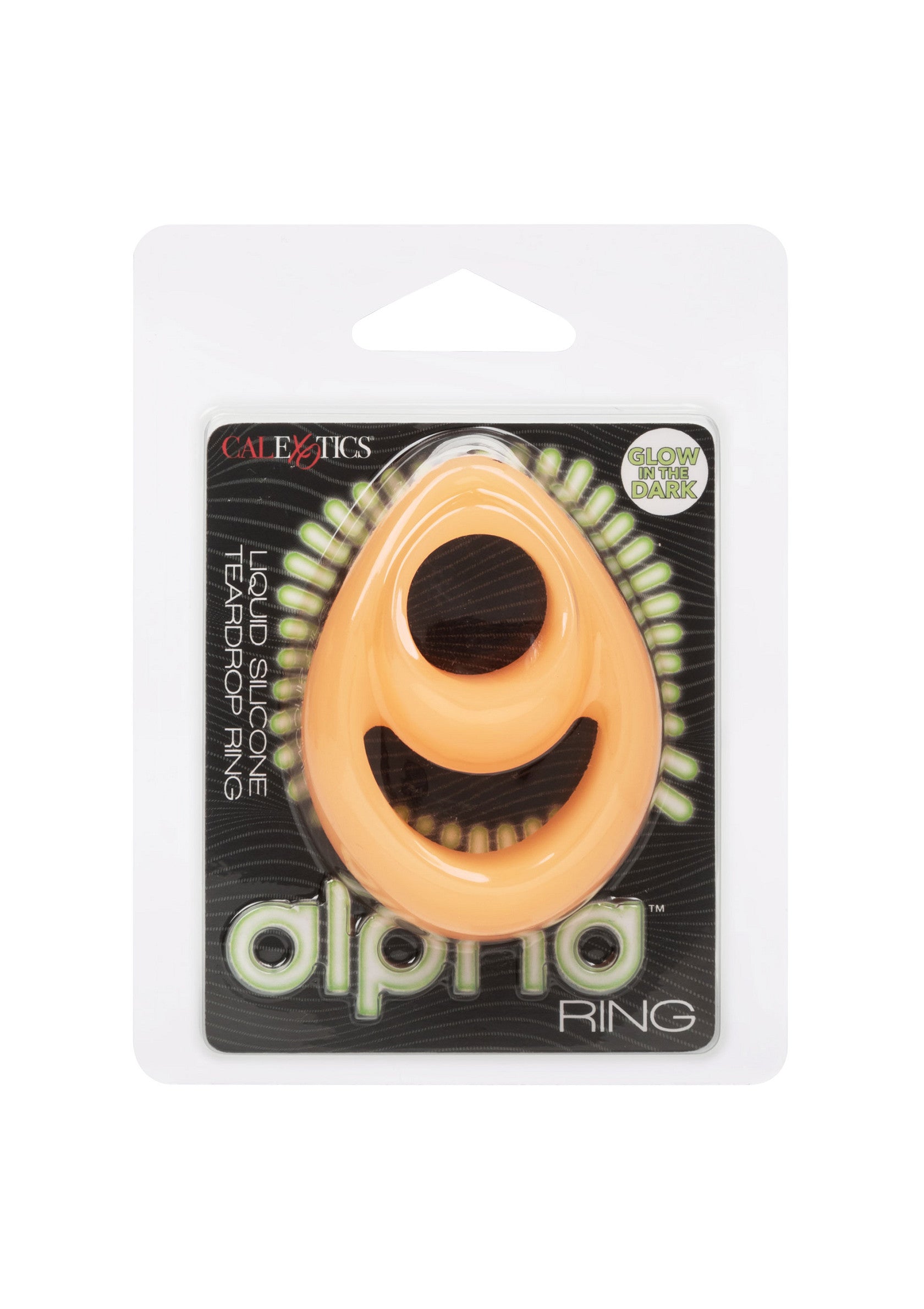 Anneau pénien Alpha Calexotics en silicone liquide, forme goutte d'eau et phosphorescent. Pour plus de plaisir et de confort.; Calexotics Alpha penisring, vloeibare siliconen, traanvorm en glow in the dark. Voor meer genot en comfort.; Calexotics Alpha cock ring, liquid silicone, teardrop shape, and glow in the dark. For enhanced pleasure and comfort.