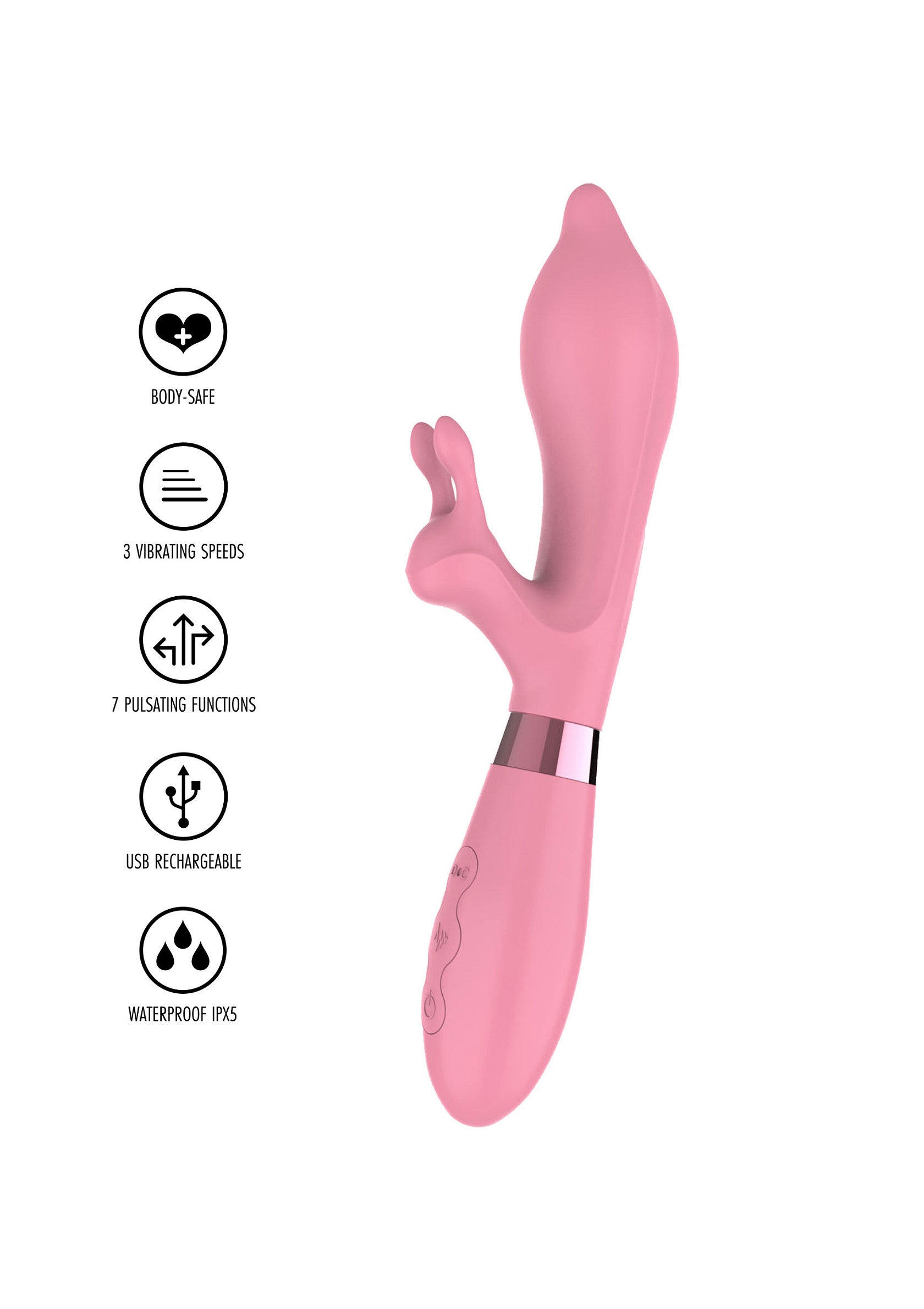 Vibromasseur rose avec 3 vitesses, 7 fonctions et étanche. Rechargeable par USB, sûr pour le corps.; Roze vibrator met 3 snelheden, 7 functies en waterdicht. USB oplaadbaar, veilig voor het lichaam.; Pink vibrator with 3 speeds, 7 functions & waterproof. USB rechargeable, body-safe.