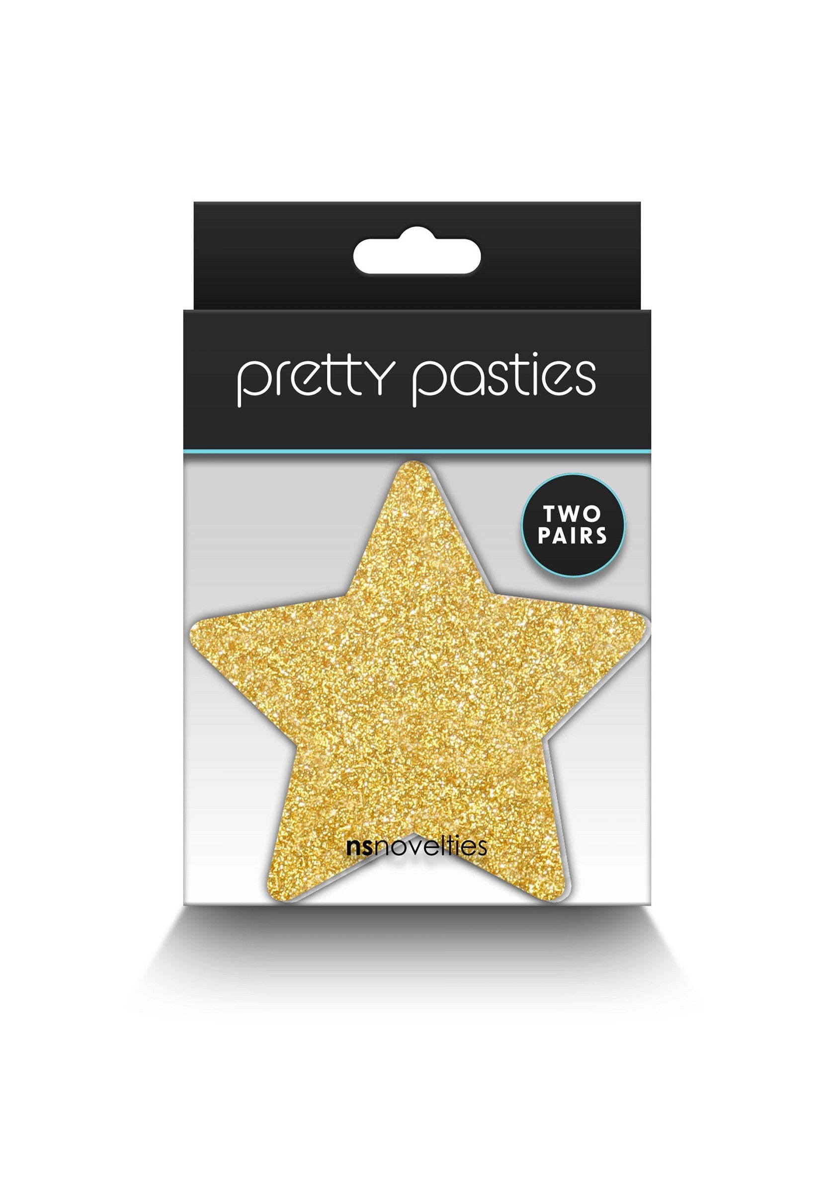 Cache-tétons en forme d'étoile dorée scintillante. Deux paires par paquet. ; Gouden glitter ster tepelbedekkers. Twee paar per verpakking. ; Gold glitter star nipple covers. Two pairs per package.