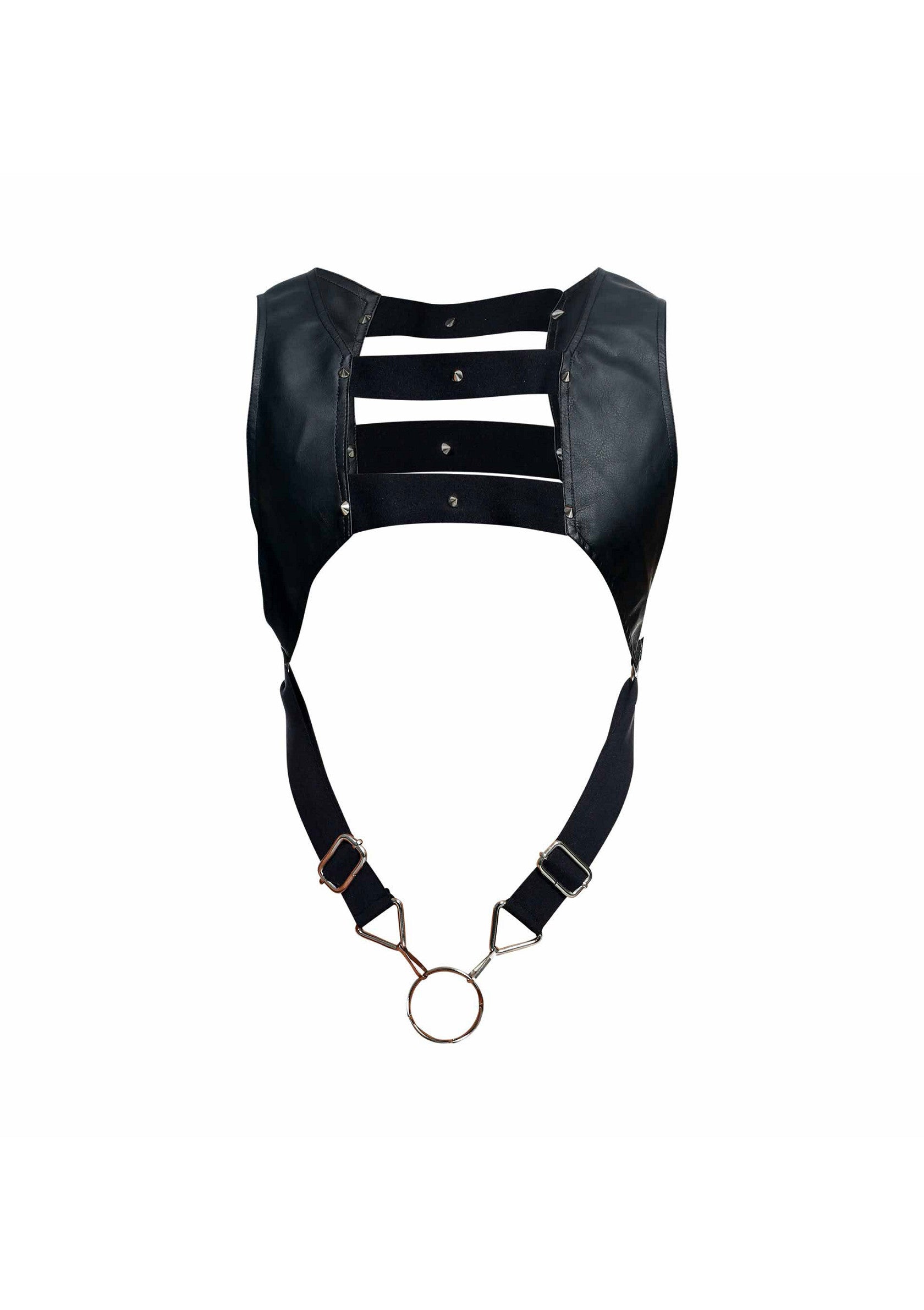 Harnais en similicuir noir avec bretelles ajustables et anneau. Accessoire mode audacieux pour un look unique.; Zwart kunstleren harnas met verstelbare banden en ring. Een gewaagd modeaccessoire voor een unieke look.; Black faux leather harness with adjustable straps and ring. Edgy fashion accessory for a unique look.