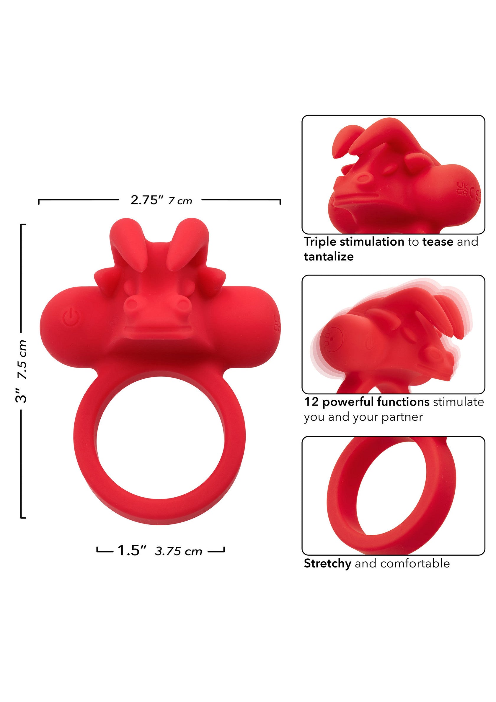 Anneau vibrant rouge avec forme de mouton pour une stimulation accrue et des sensations intenses. Idéal pour les couples.; Rode vibrerende ring in de vorm van een schaap voor extra stimulatie en intense sensaties. Ideaal voor koppels.; Red vibrating ring shaped like a sheep for extra stimulation and intense sensations. Ideal for couples.