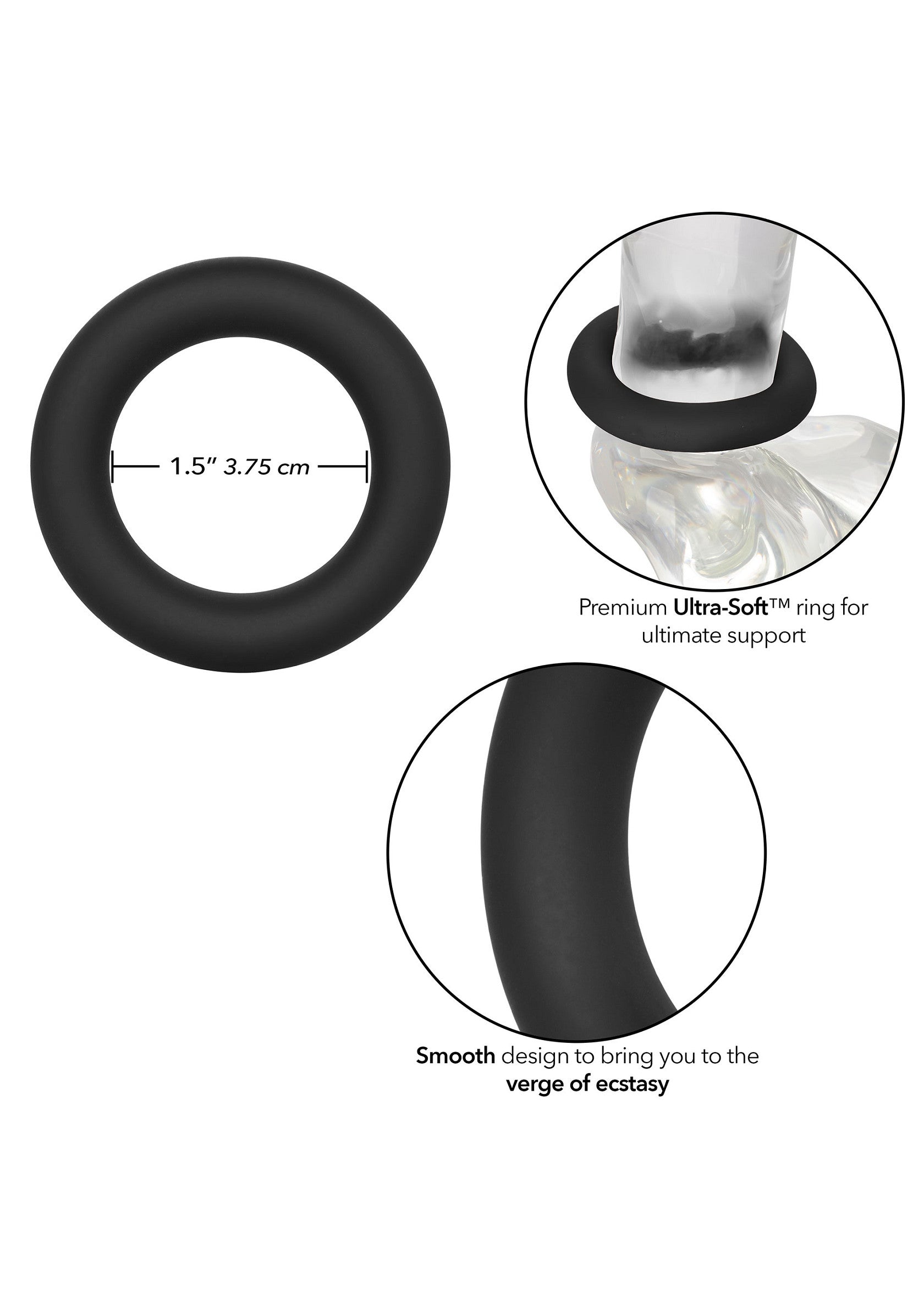 Anneau de plaisir noir ultra doux pour un maintien ultime et une expérience intense. Diamètre 3.75cm.; Zwarte ultra zachte penisring voor ultieme ondersteuning en een intensere ervaring. Diameter 3.75cm.; Black ultra-soft cock ring for ultimate support and a more intense experience. Diameter 3.75cm.