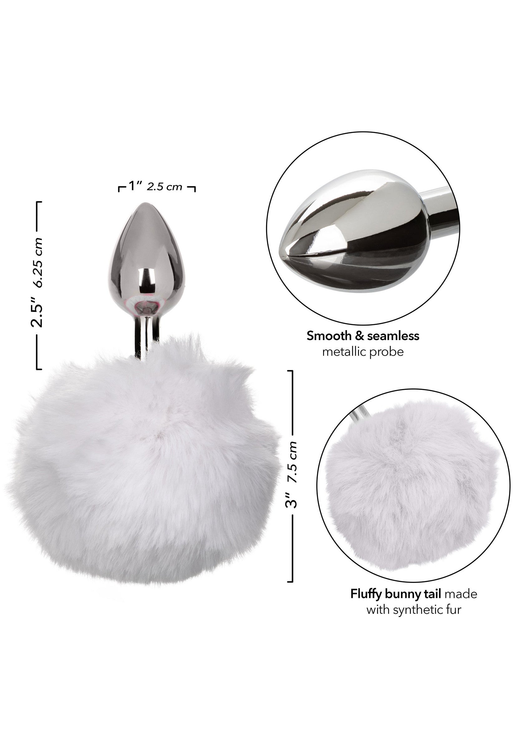 Plug anal queue de lapin duveteuse en fausse fourrure. Sonde lisse et métallique. Dimensions indiquées sur l'image.; Anal plug pluizige konijnenstaart van synthetisch bont. Gladde metalen sonde. Afmetingen staan op de afbeelding.; Butt plug fluffy bunny tail made with synthetic fur. Smooth metallic probe. Dimensions shown in image.