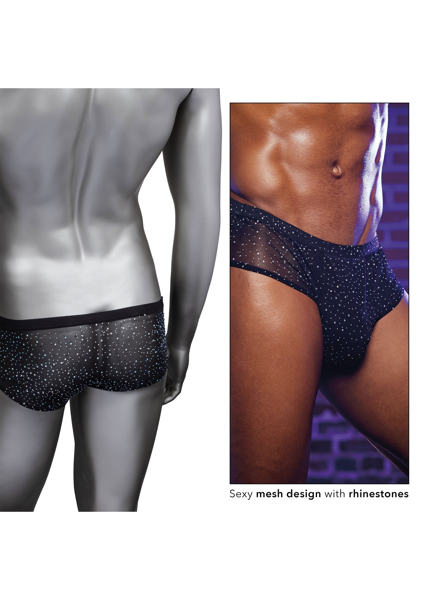 Slip en maille sexy pour homme, orné de strass étincelants. Confortable et élégant.; Sexy heren slip van mesh, versierd met sprankelende strass steentjes. Comfortabel en elegant.; Sexy men's mesh briefs adorned with sparkling rhinestones. Comfortable and stylish.