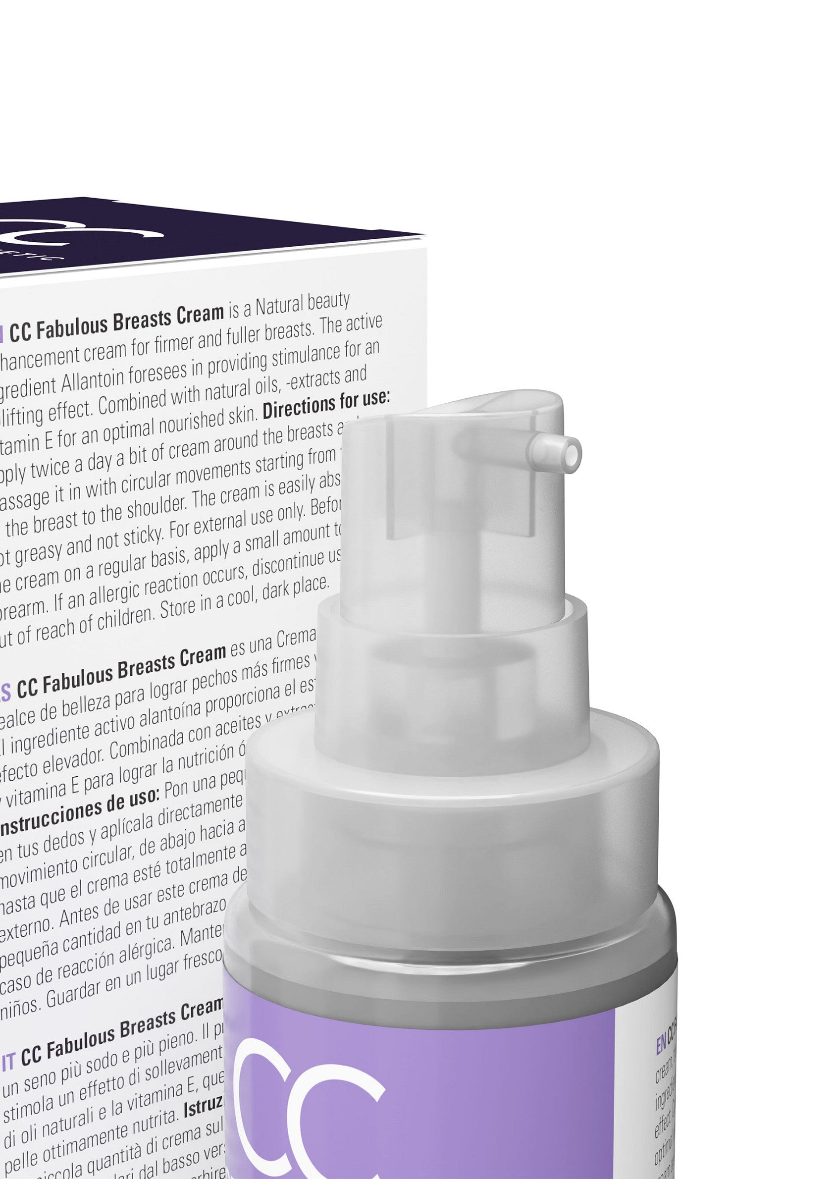 Crème CC Fabulous Breasts pour des seins plus fermes et plus volumineux. Ingrédient actif à base d'allantoïne.; CC Fabulous Breasts Cream voor stevigere, vollere borsten. Met allantoïne voor stimulans en een liftend effect. Met natuurlijke oliën.; CC Fabulous Breasts Cream for firmer, fuller breasts. Active ingredient Allantoin provides lift. Combined with natural oils & Vitamin E.