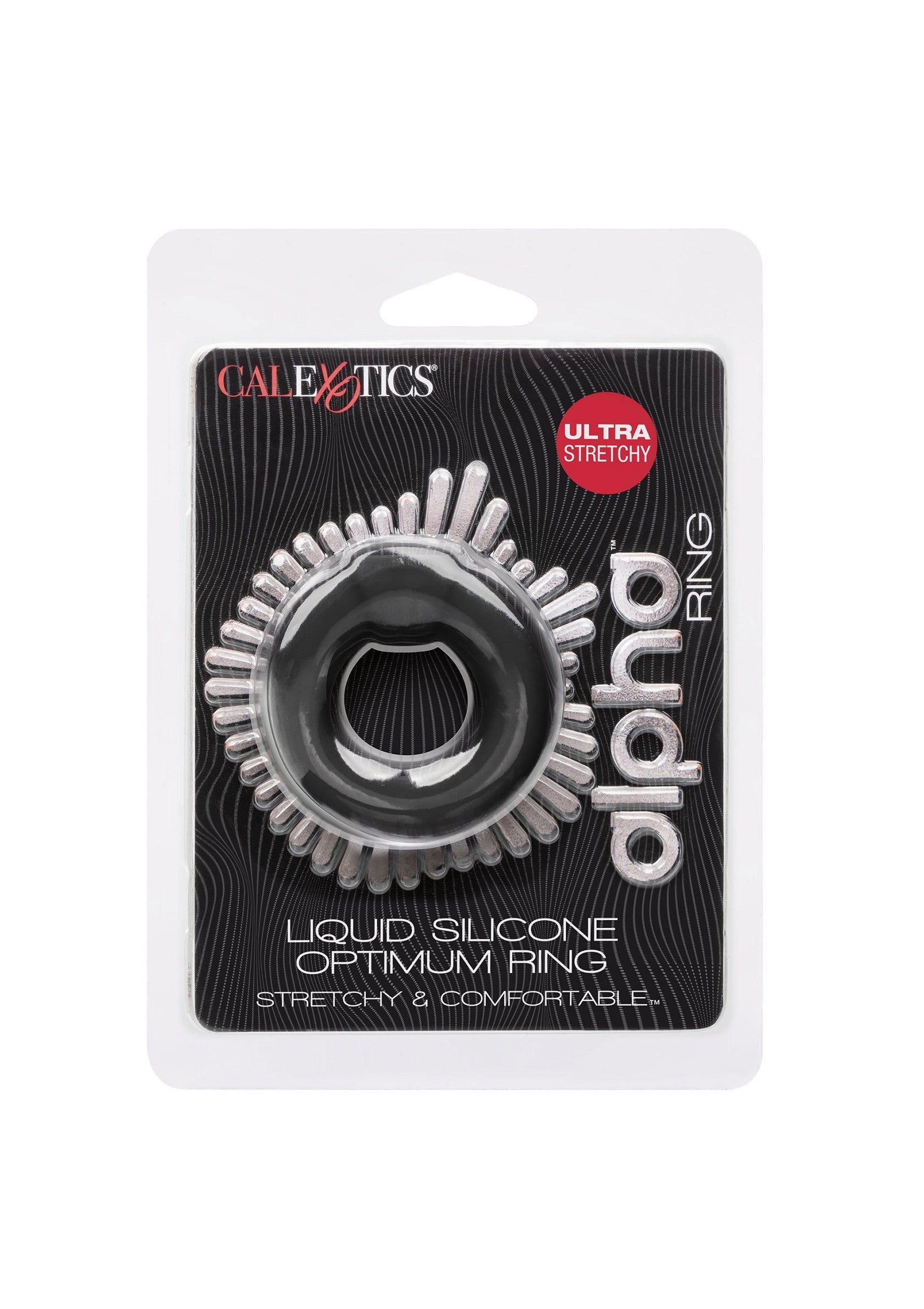 Anneau pénien CalExotics Alpha Ring en silicone liquide, extensible et confortable. Pour le plaisir et l'intimité.; CalExotics Alpha Ring penisring van vloeibare siliconen, rekbaar en comfortabel. Voor plezier en intimiteit.; CalExotics Alpha Ring liquid silicone cock ring, stretchy & comfortable. For pleasure and intimacy.