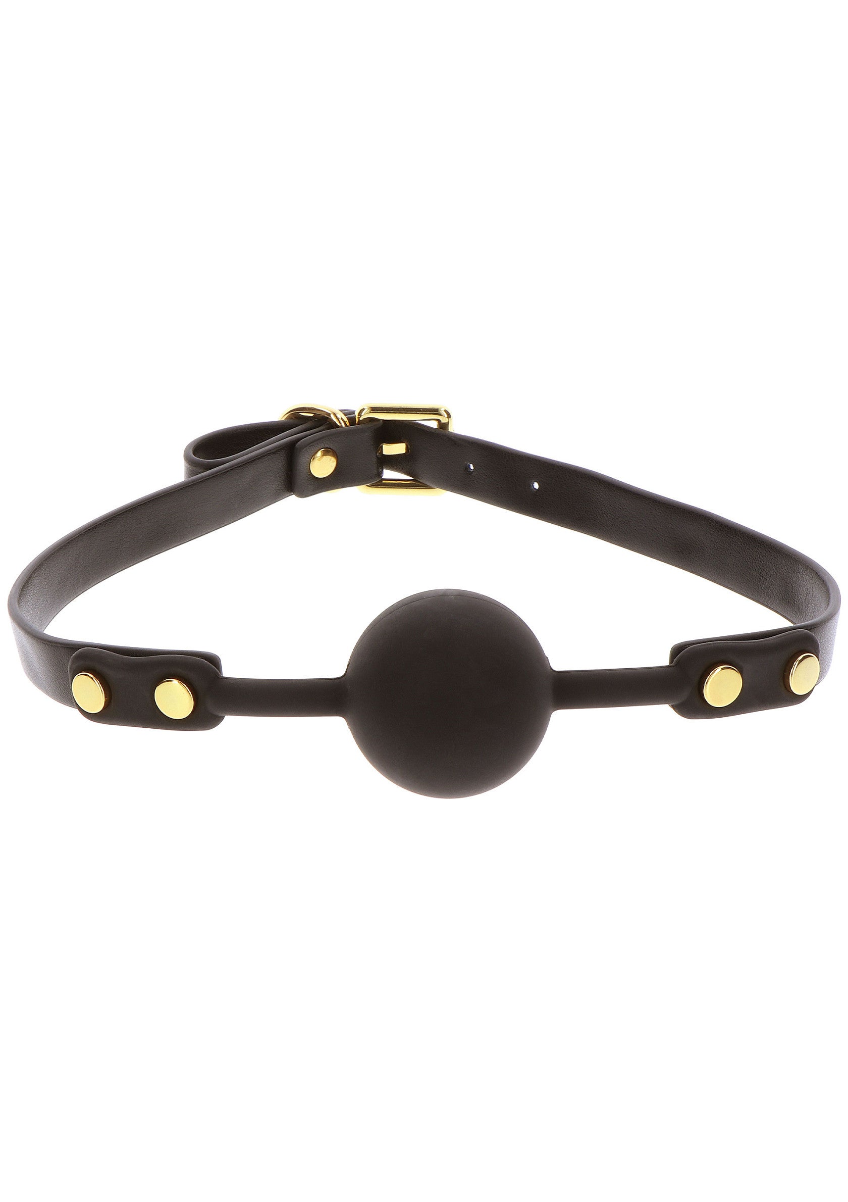 Bâillon boule noir élégant avec sangle ajustable et détails dorés pour le plaisir et la soumission.; Elegante zwarte balgag met verstelbare riem en gouden details voor plezier en onderwerping.; Elegant black ball gag with adjustable strap and gold hardware details for pleasure and submission.