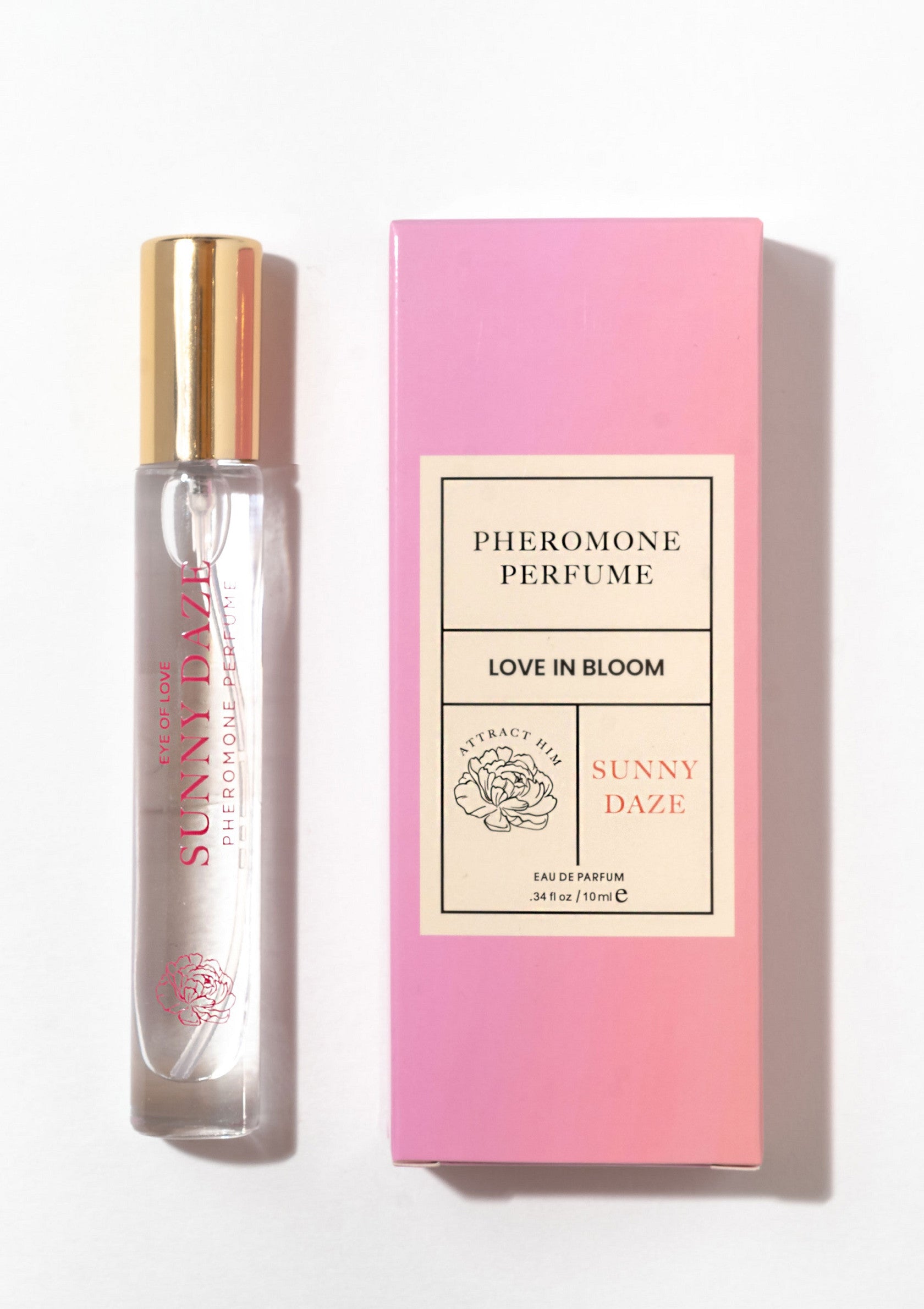 Parfum aux phéromones Sunny Daze "Love in Bloom" pour attirer l'attention. Flacon et emballage rose.; Sunny Daze "Love in Bloom" feromoonparfum om de aandacht te trekken. Roze fles en verpakking.; Sunny Daze "Love in Bloom" pheromone perfume to attract attention. Pink bottle and packaging.