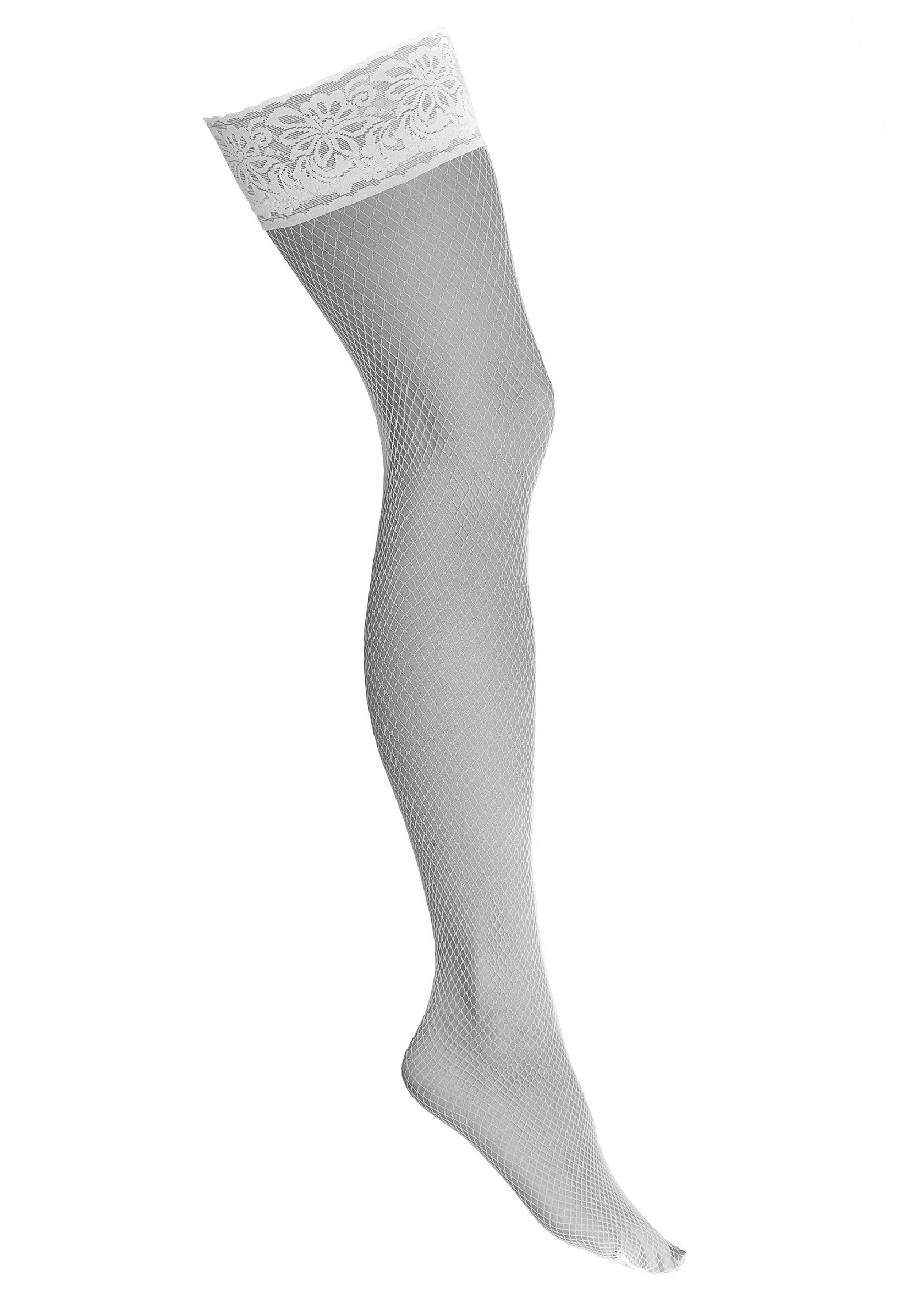 Bas résille gris avec bordure en dentelle blanche, parfait pour un look sexy et élégant.; Grijze netkousen met witte kanten rand, perfect voor een sexy en elegante look.; Grey fishnet stockings with white lace trim, perfect for a sexy and elegant look.