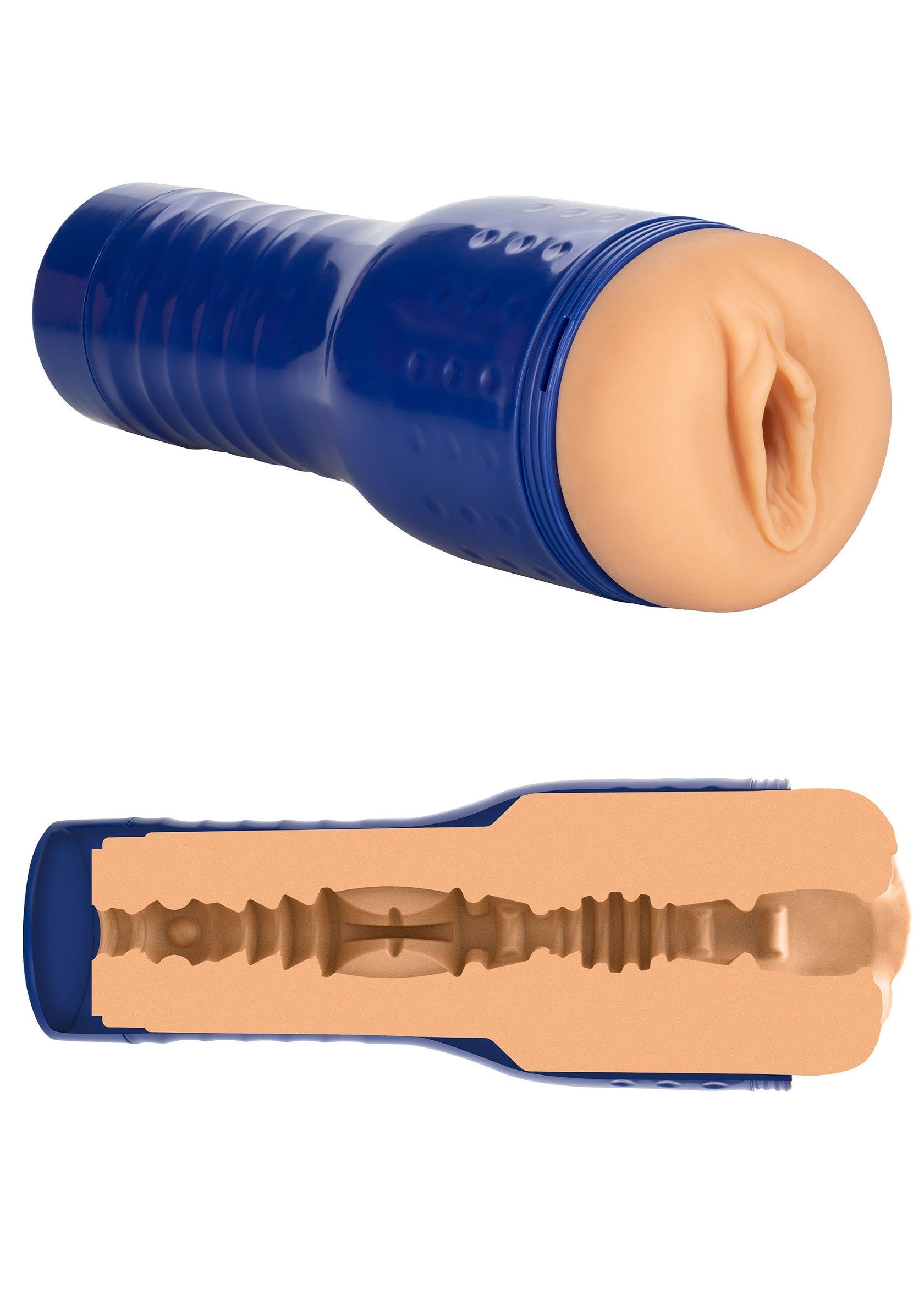 Manchon de masturbation bleu texturé réaliste pour une sensation incroyable.; Realistische getextureerde blauwe masturbator voor een ongelooflijk gevoel.; Realistic textured blue masturbator sleeve for an incredible sensation.