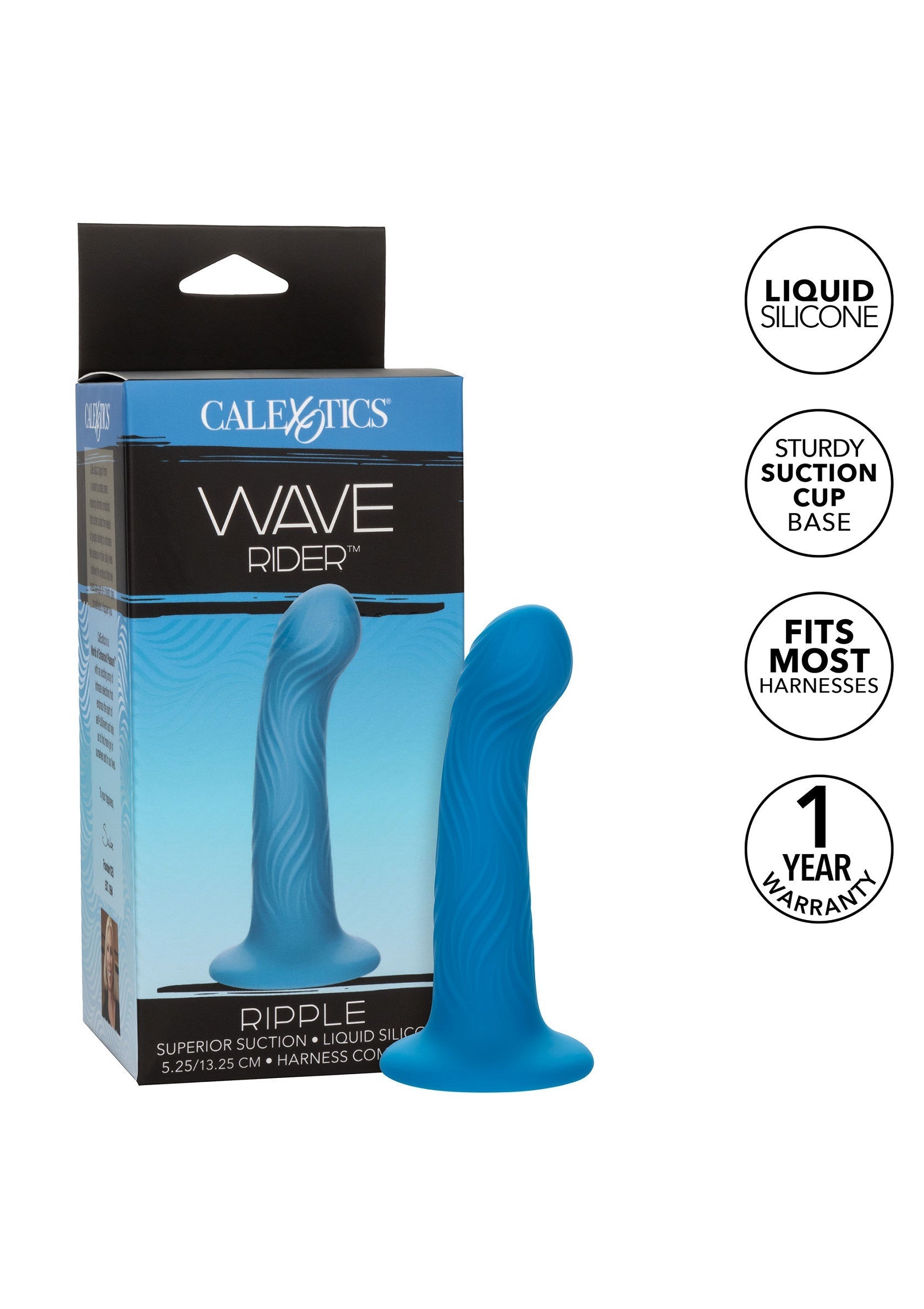CalExotics Wave Rider Ripple, gode en silicone liquide bleu, avec ventouse et compatible harnais. ; CalExotics Wave Rider Ripple, blauwe vloeibare siliconen dildo, met zuignap en harnas-compatibel.; CalExotics Wave Rider Ripple, blue liquid silicone dildo, with suction cup and harness compatible.