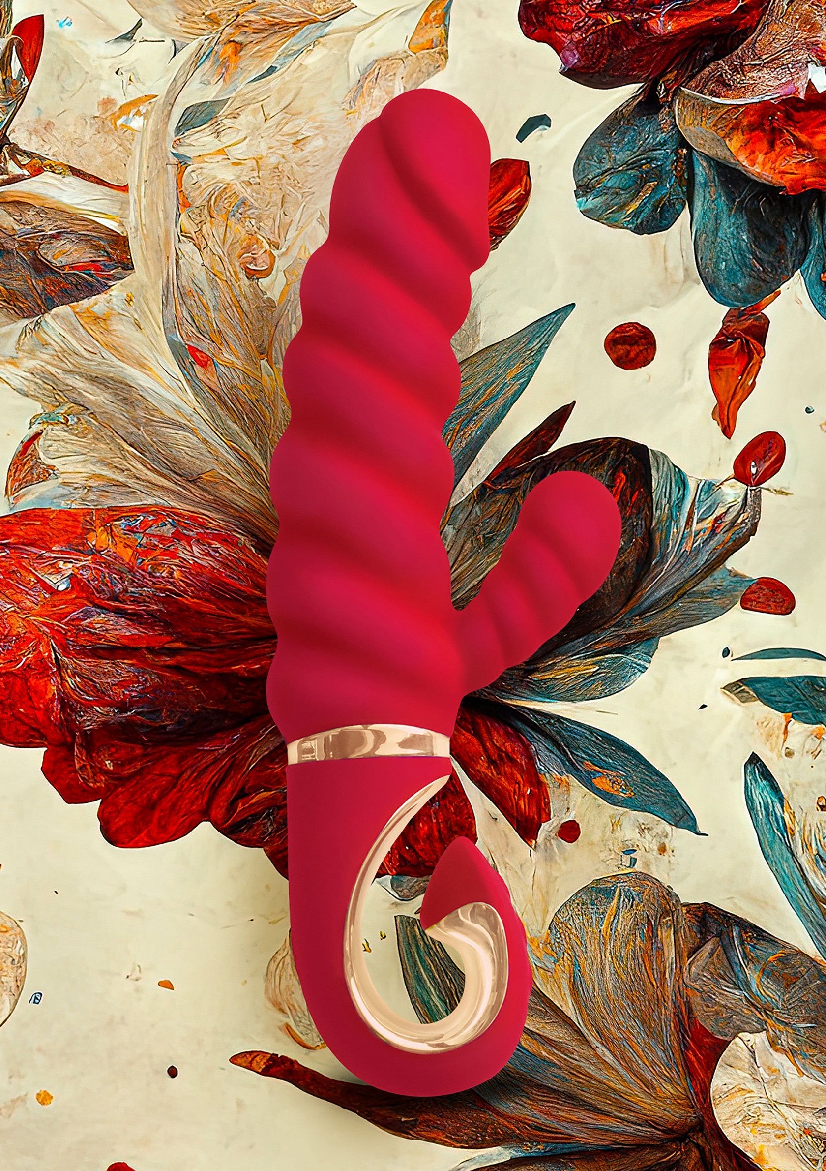 Vibromasseur rouge élégant pour le plaisir intime. Design floral artistique en arrière-plan.; Elegante rode vibrator voor intiem genot. Artistiek bloemdessin op de achtergrond.; Elegant red vibrator for intimate pleasure. Artistic floral design in the background.