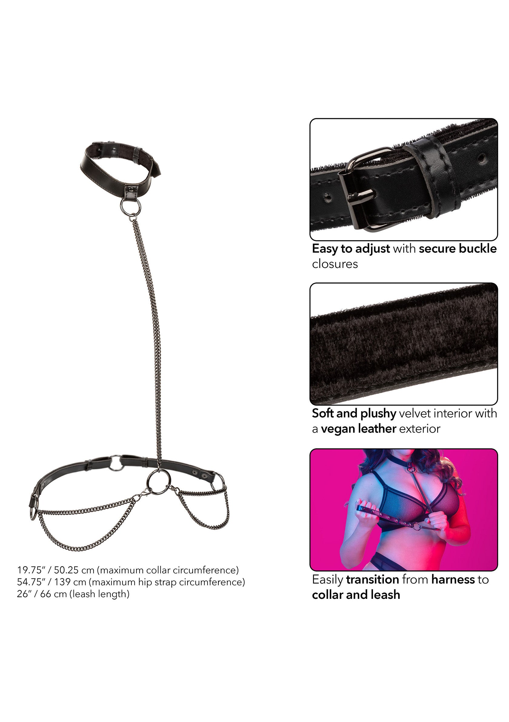 Harnais de corps ajustable en cuir végan. Collier et laisse inclus pour une transition facile. Intérieur doux en velours.; Verstelbaar vegan leren lichaamsharnas. Inclusief halsband en riem voor een gemakkelijke overgang. Zachte fluwelen binnenkant.; Adjustable vegan leather body harness. Includes collar and leash for easy transition. Soft velvet interior.