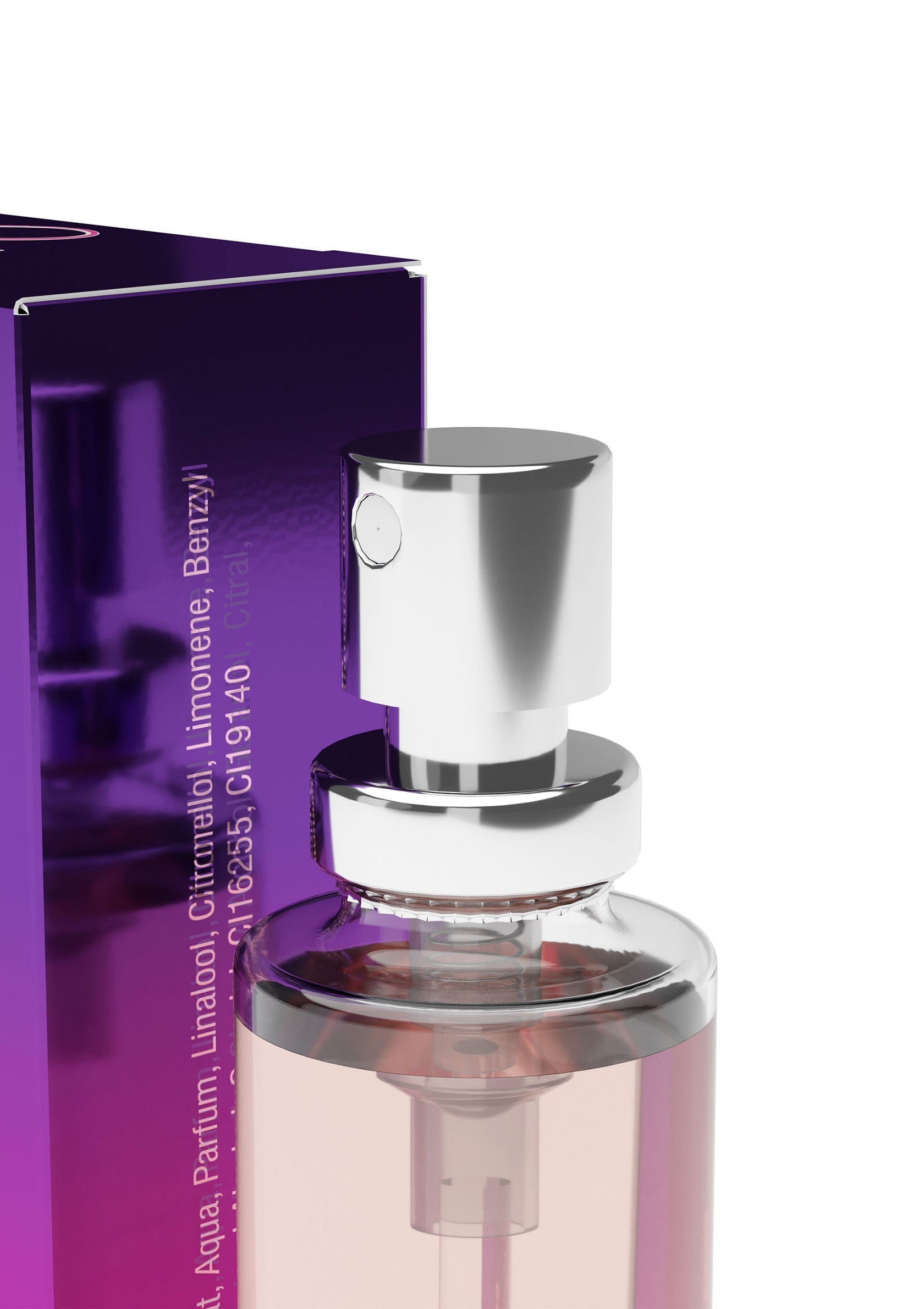 Flacon de parfum élégant avec une boîte violette. Parfait pour offrir ou se faire plaisir.; Elegante parfumfles met paarse doos. Perfect om cadeau te geven of jezelf te verwennen.; Elegant perfume bottle with purple box. Perfect as a gift or to treat yourself.