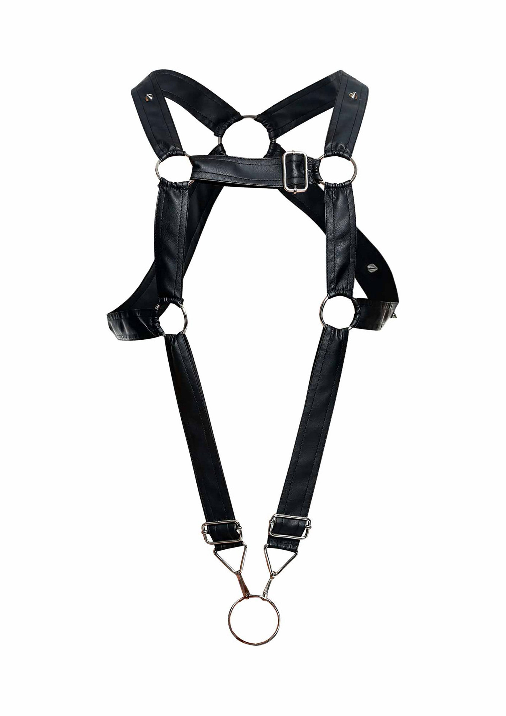 Harnais en cuir noir avec boucles argentées.; Zwart leren harnas met zilveren gespen.; Black faux leather harness with silver buckles.