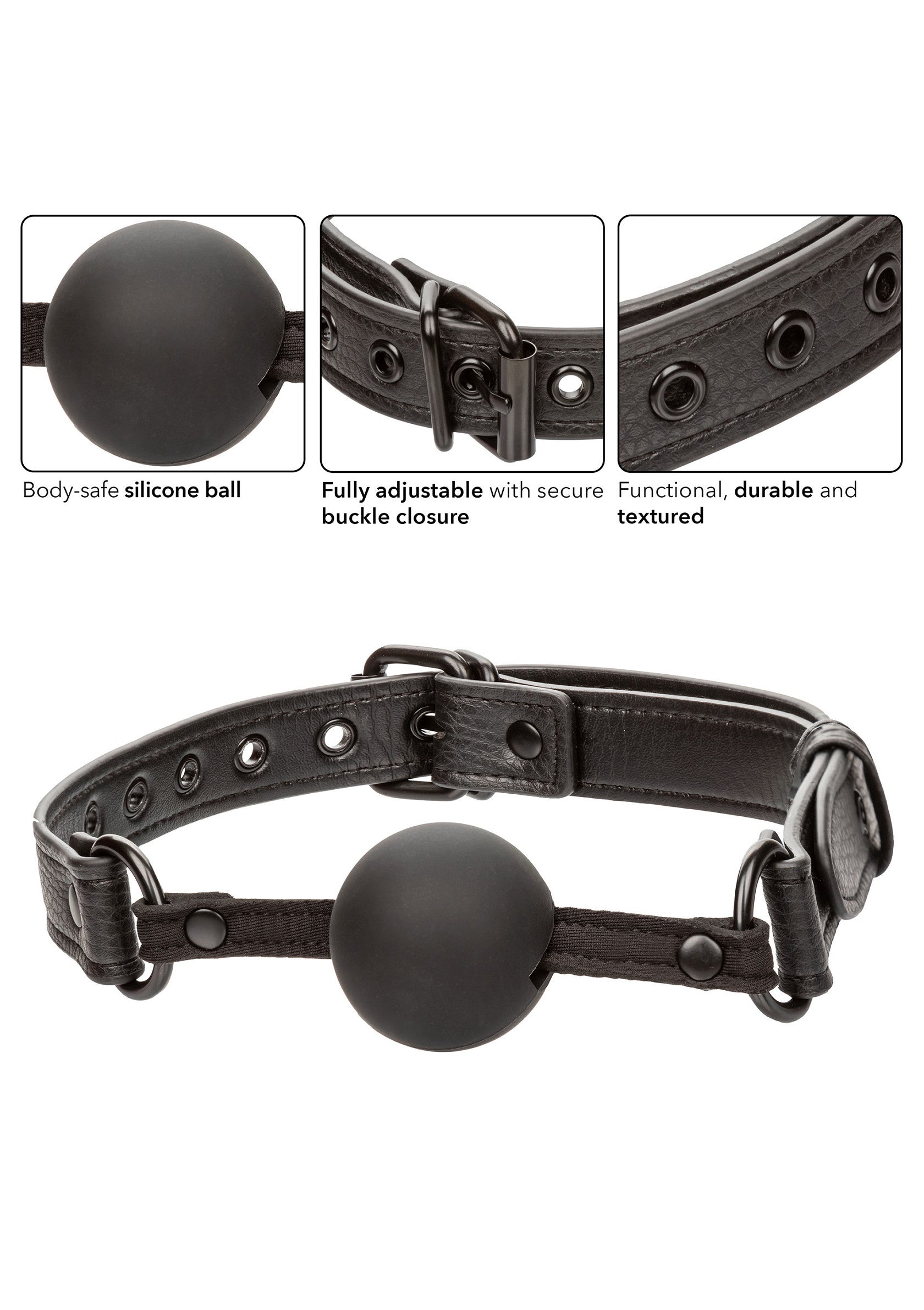 Bâillon boule en silicone noir avec sangle réglable. Accessoire pour jeux coquins.; Zwarte siliconen balgag met verstelbare riem. Accessoire voor ondeugende spelletjes.; Black silicone ball gag with adjustable strap. Accessory for kinky games.