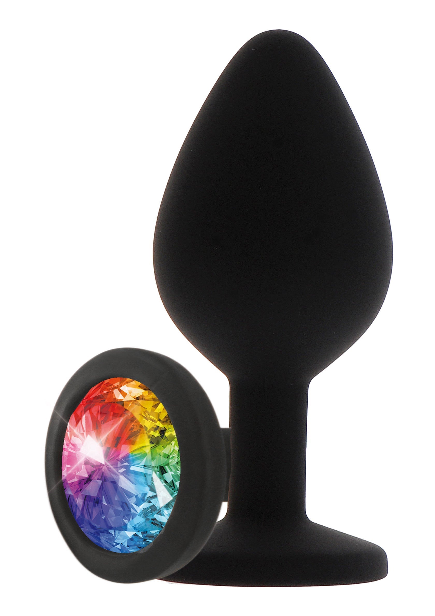 Plug anal noir avec un ornement en forme de diamant arc-en-ciel pour plus d'éclat.; Zwarte anale plug met een regenboog diamant-vormige versiering voor extra glans.; Black anal plug with a rainbow diamond-shaped ornament for added sparkle.