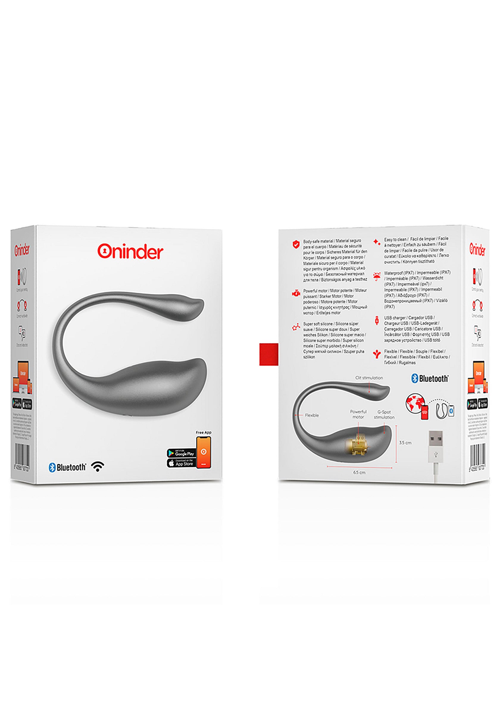 Oninder: vibromasseur de point G connecté, contrôle via Bluetooth et application. Intimité améliorée.; Oninder: G-spot vibrator, verbonden met Bluetooth & app. Verbeterde intimiteit. ; Oninder: Connected G-spot vibrator controlled with Bluetooth & app. Enhanced intimacy.