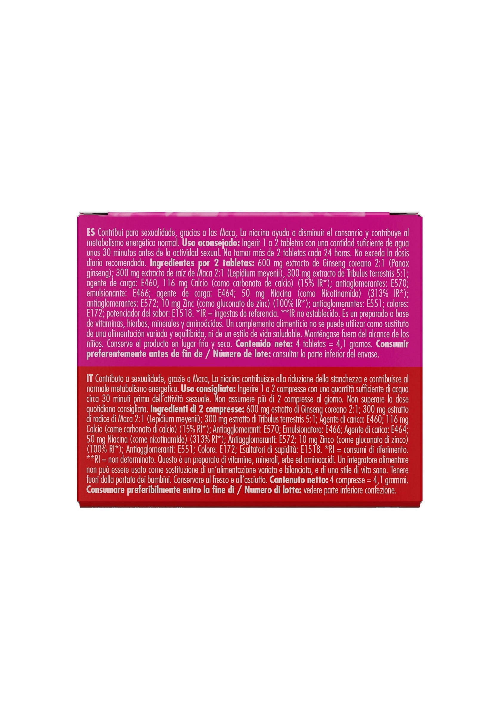 Compléments alimentaires pour la vitalité. Ingrédients: Ginseng, Maca, Tribulus Terrestris. 4 comprimés.; Voedingssupplementen voor vitaliteit. Ingrediënten: Ginseng, Maca, Tribulus Terrestris. 4 tabletten.; Food supplements for vitality. Ingredients: Ginseng, Maca, Tribulus Terrestris. 4 tablets.