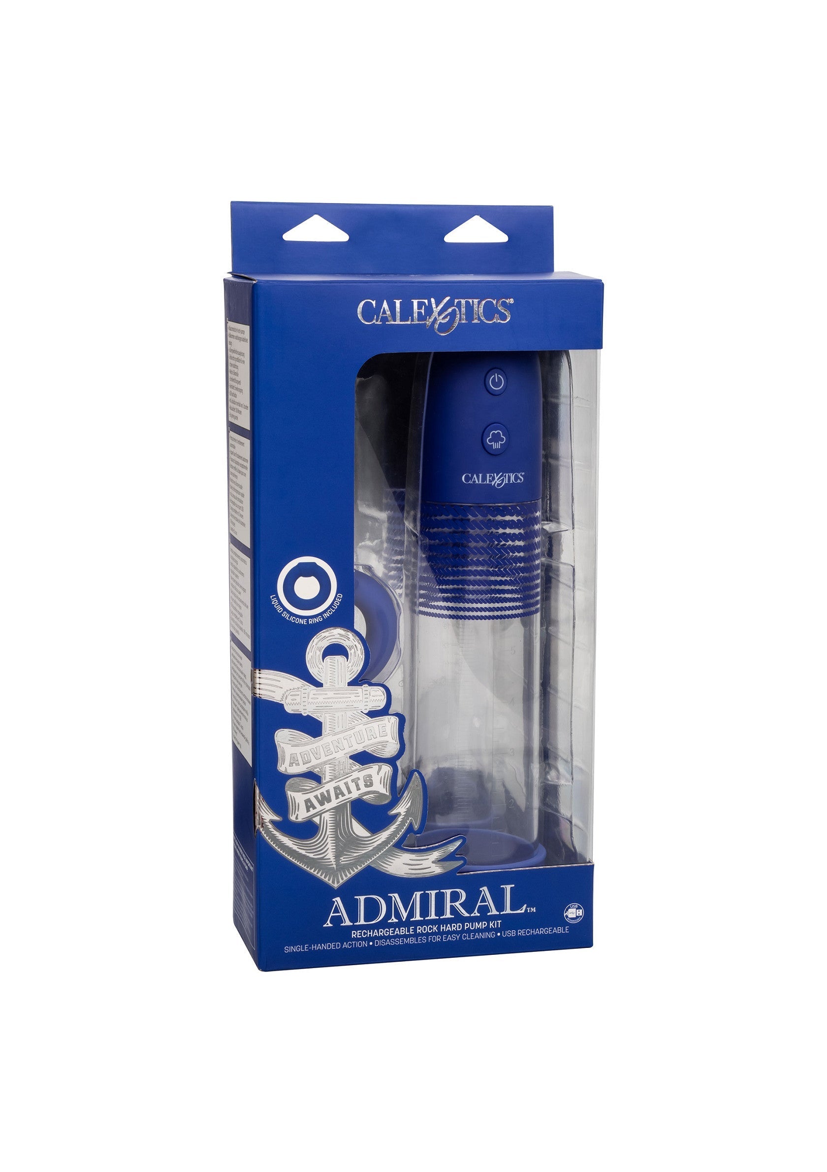 Calexotics Admiral Rechargeable stroker : plaisir masculin intense et nettoyage facile. ; Calexotics Admiral Oplaadbare Stroker: Intens mannelijk genot en gemakkelijke reiniging.; Calexotics Admiral Rechargeable Stroker: Intense male pleasure and easy cleaning.