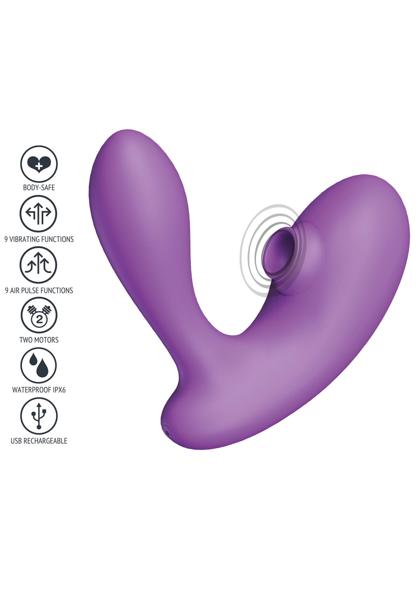Vibrateur double stimulation violet. Waterproof et rechargeable USB, idéal pour des moments intenses!; Paarse dubbele stimulator vibrator. Waterdicht en USB oplaadbaar, ideaal voor intense momenten!; Purple dual stimulation vibrator. Waterproof and USB rechargeable, ideal for intense moments!