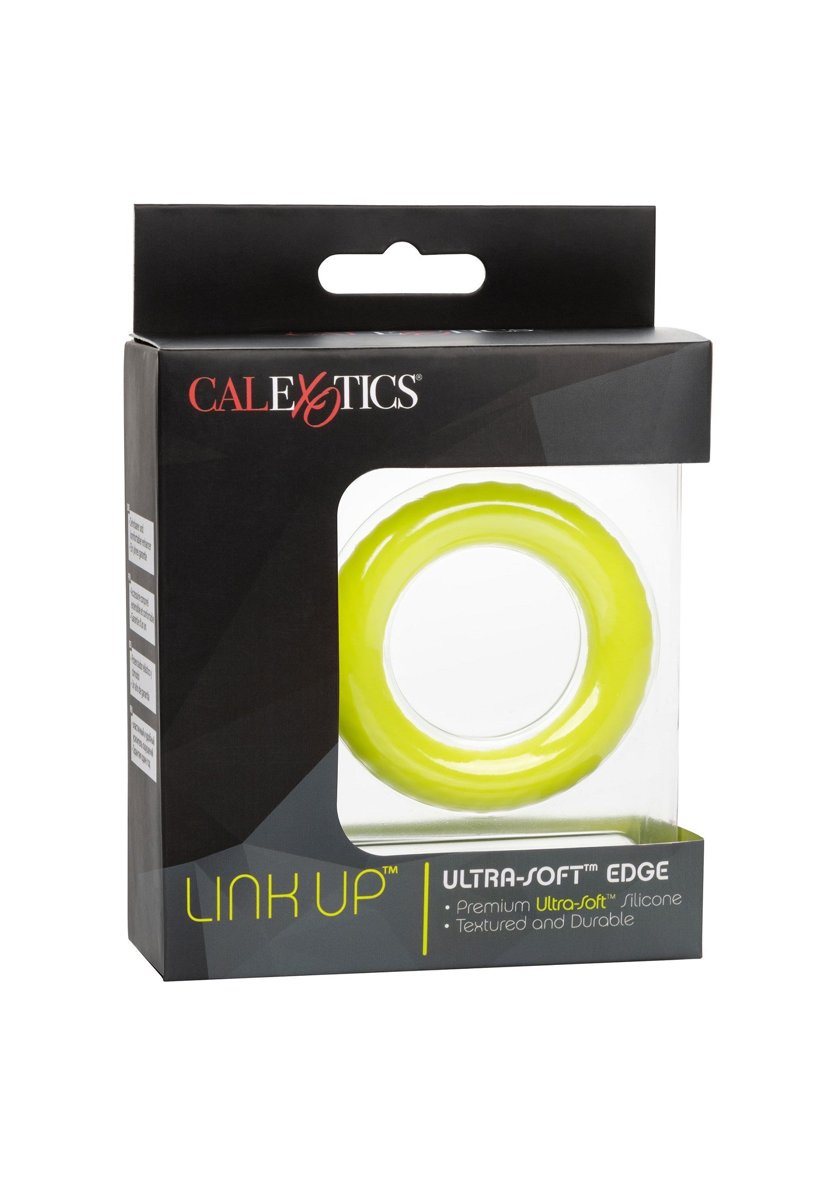 Anneau pénien CalExotics Link Up Ultra-Soft Edge. Silicone texturé durable pour un plaisir intense.; CalExotics Link Up Ultra-Soft Edge penisring. Duurzame, getextureerde siliconen voor intens genot.; CalExotics Link Up Ultra-Soft Edge cock ring. Durable, textured silicone for intense pleasure.