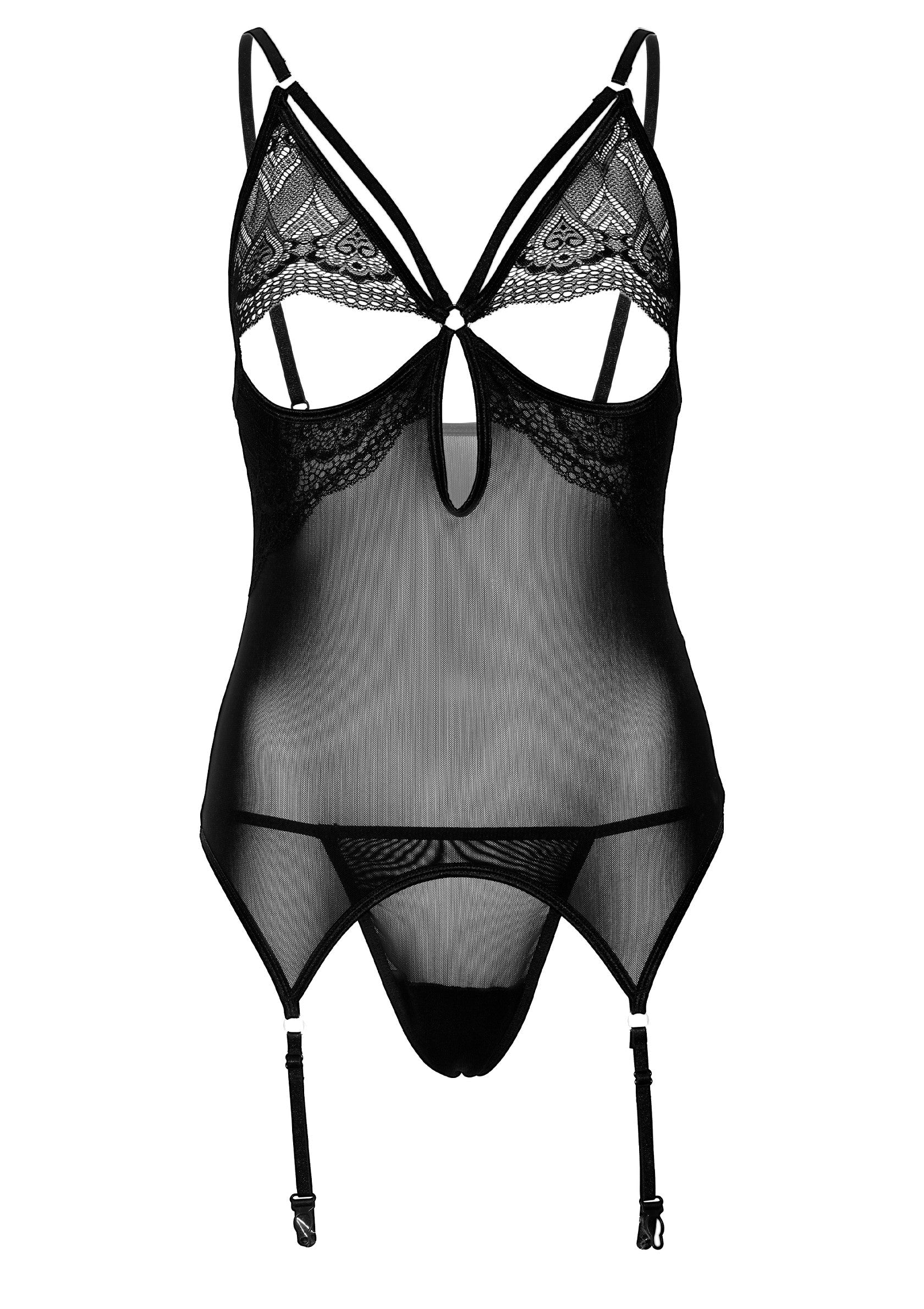 Nuisette noire en maille transparente avec détails en dentelle et jarretelles.; Zwarte babydoll van transparante mesh met kanten details en jarretels.; Black sheer mesh babydoll with lace details and garter straps.