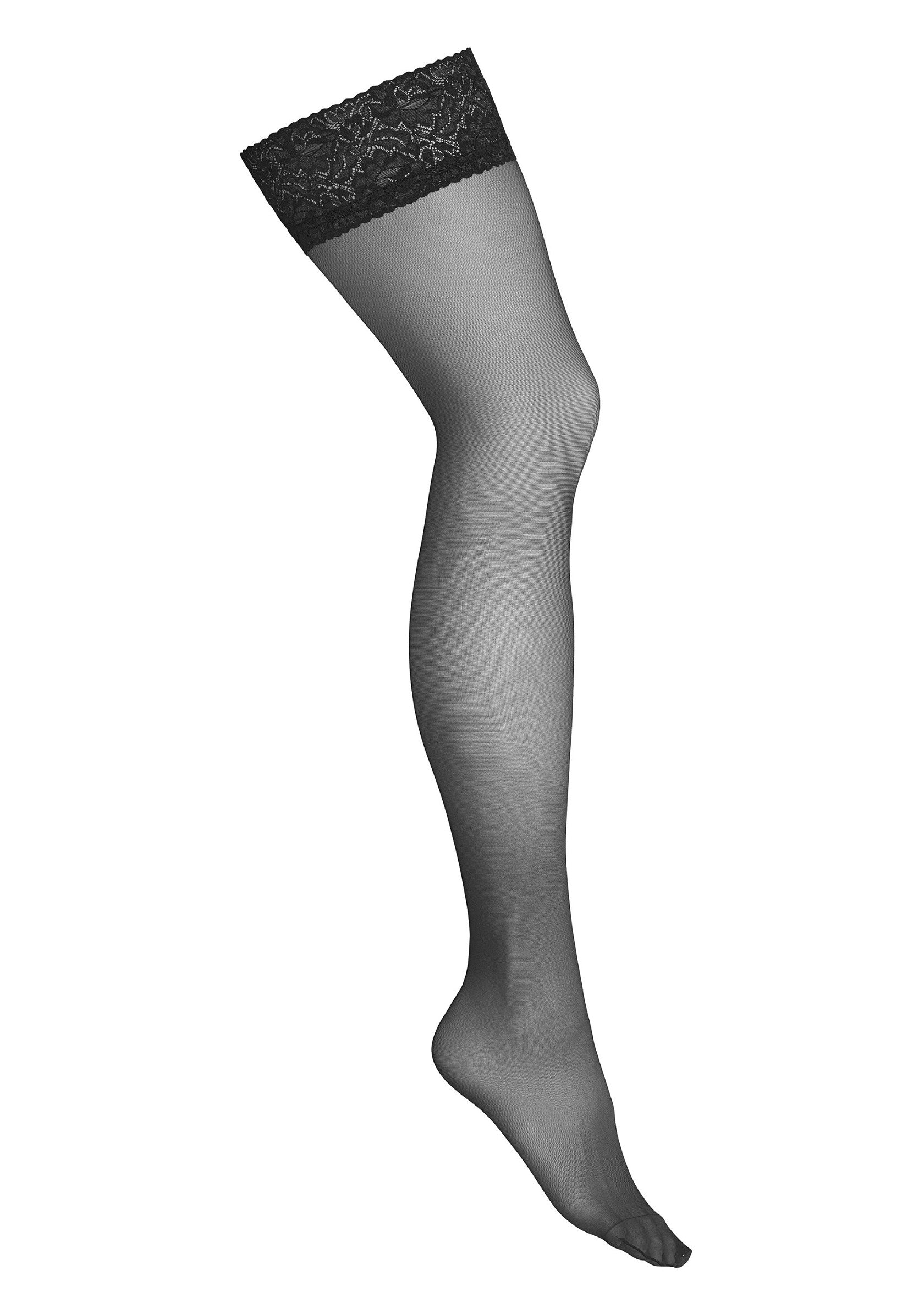 Bas autofixants noirs avec bordure en dentelle élégante. Parfaits pour un look sophistiqué et confortable.; Zwarte kousenbanden met elegante kanten rand. Perfect voor een verfijnde en comfortabele look.; Black stay-up stockings with elegant lace trim. Perfect for a sophisticated and comfortable look.