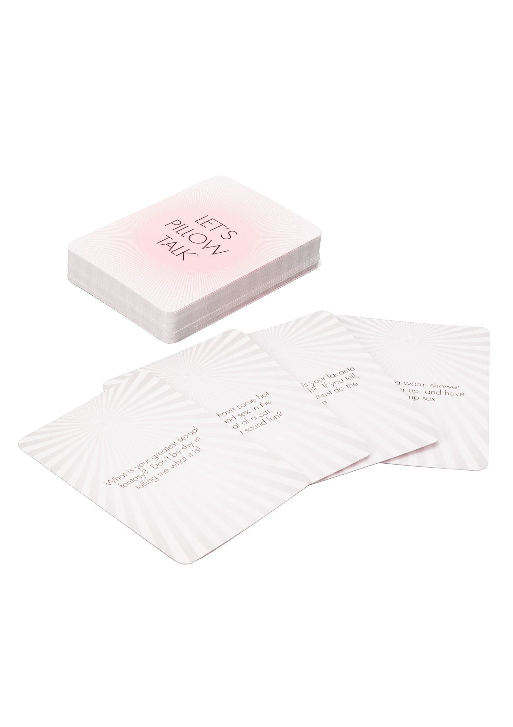 Jeu de cartes 'Let's Pillow Talk' pour des conversations intimes et amusantes.; Kaartspel 'Let's Pillow Talk' voor intieme & leuke gesprekken.; 'Let's Pillow Talk' card game for intimate and fun conversations.