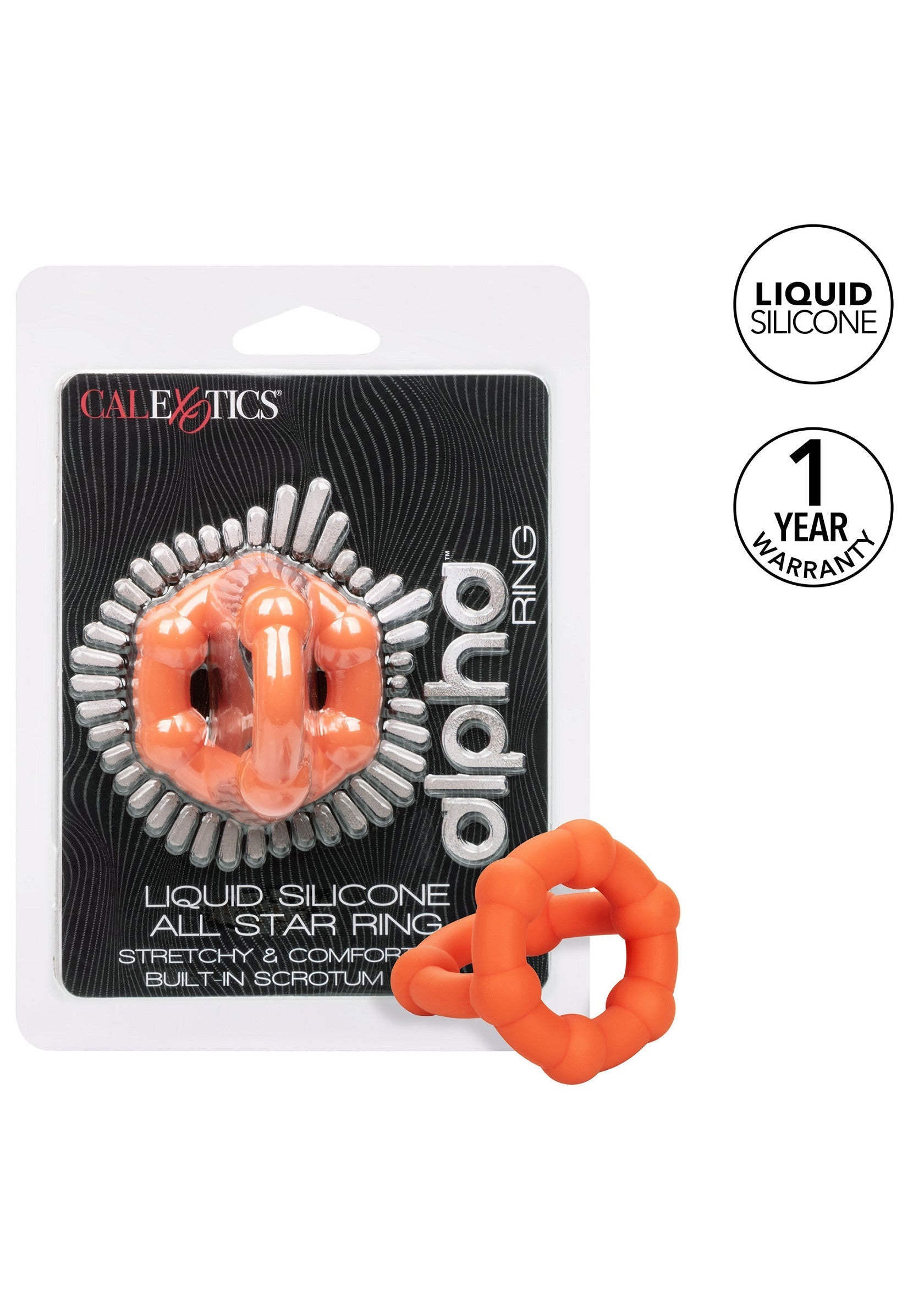 Anneau pénien Calexotics Alpha Ring en silicone liquide. Extensible et confortable, avec scrotum intégré.; Calexotics Alpha Ring penisring van vloeibare siliconen. Rekbaar en comfortabel, met ingebouwde scrotum.; Calexotics Alpha Ring penis ring made of liquid silicone. Stretchy & comfortable, with built-in scrotum.