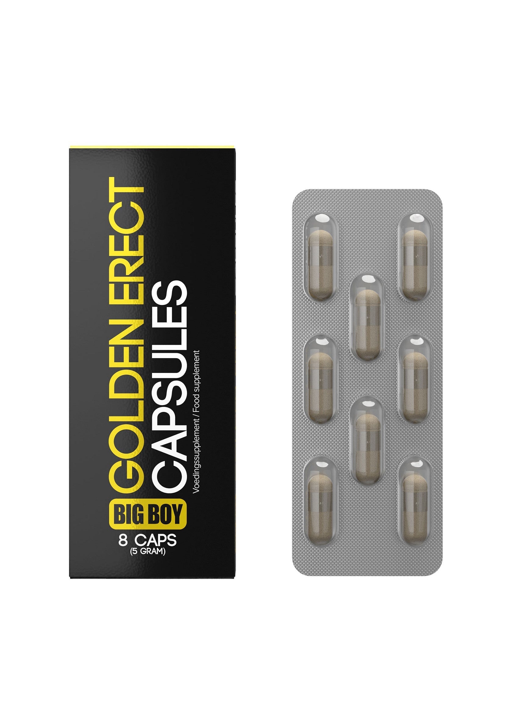 Golden Erect, capsules pour homme. Complément alimentaire pour améliorer la vitalité. Boîte de 8 capsules.; Golden Erect capsules voor mannen. Voedingssupplement om de vitaliteit te verbeteren. Doos met 8 capsules.; Golden Erect capsules for men. Dietary supplement to improve vitality. Box of 8 capsules.