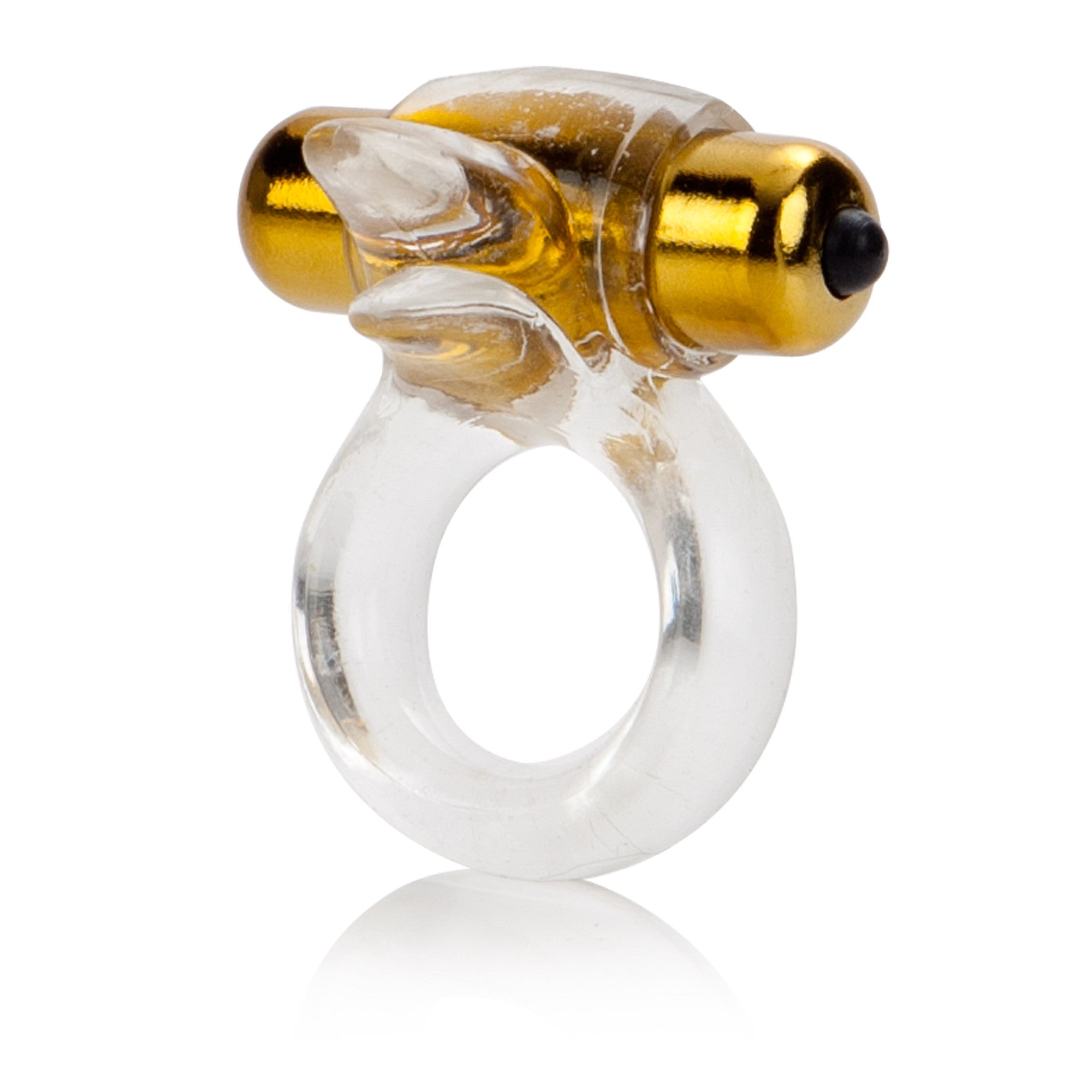 Anneau vibrant transparent et doré pour plus de plaisir et de sensations.; Transparante en gouden vibrerende ring voor meer plezier en gevoelens.; Transparent and gold vibrating ring for more pleasure and sensations.