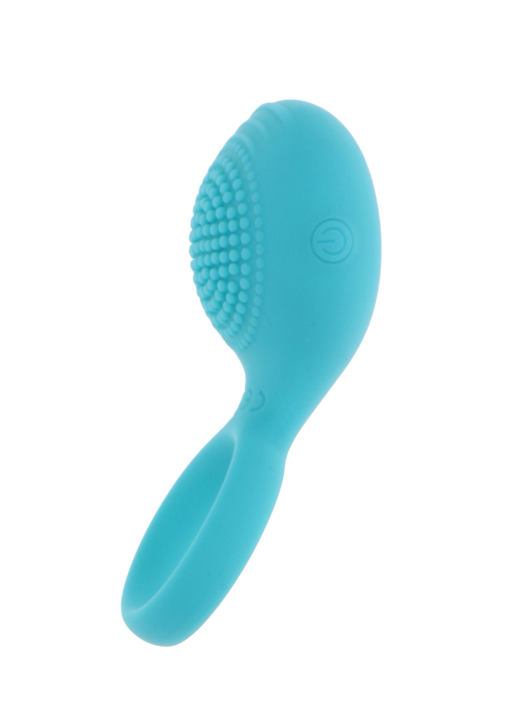 Masseur vibrant bleu étanche avec des picots pour le plaisir personnel.; Waterdichte blauwe vibrerende stimulator met noppen voor persoonlijk plezier.; Waterproof blue vibrating massager with nubs for personal pleasure.