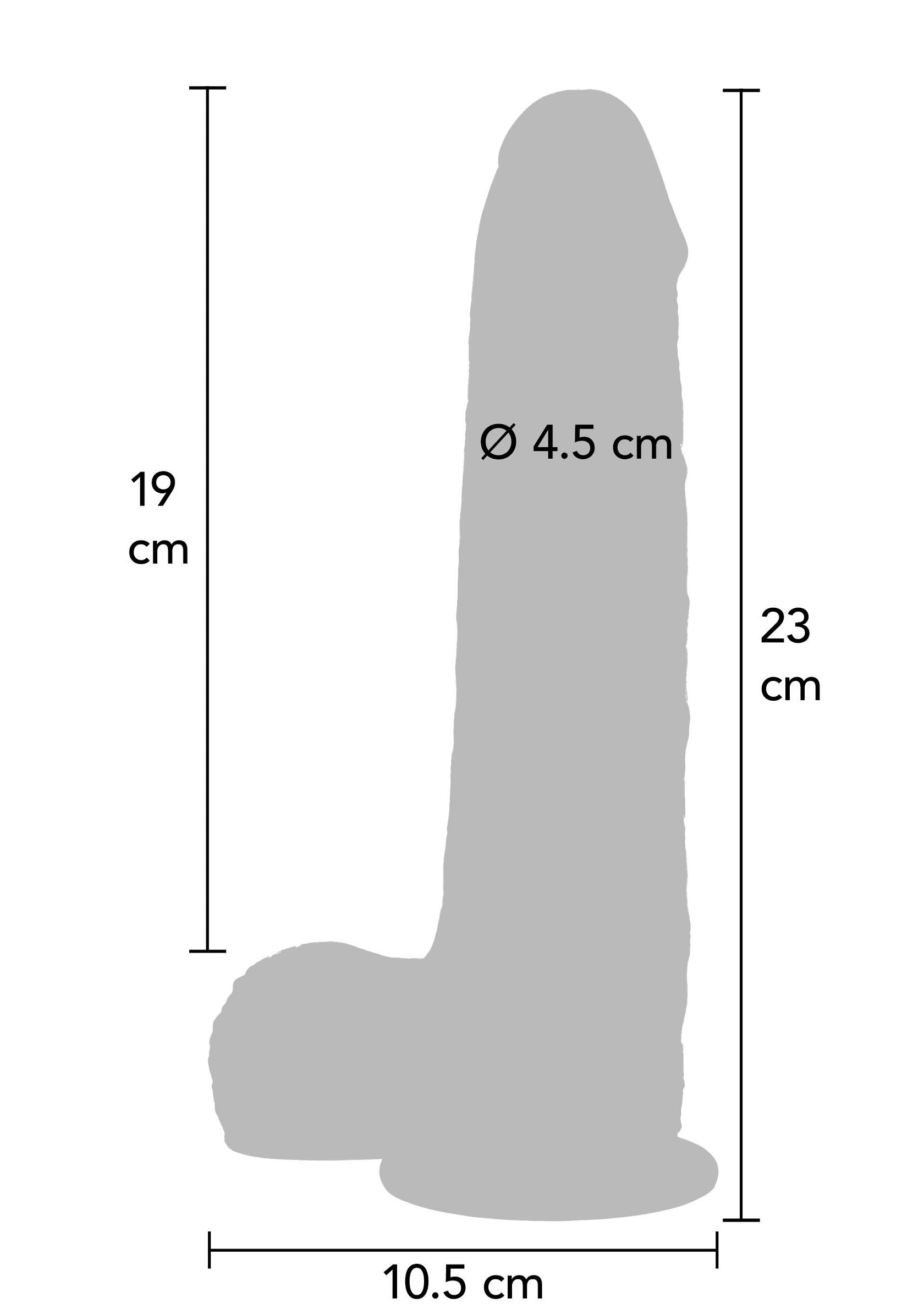 Dimensions détaillées d'un sextoy pour adulte : longueur 23 cm, diamètre 4,5 cm. Idéal pour des sensations intenses et personnalisées.; Gedetailleerde afmetingen van een seksspeeltje voor volwassenen: lengte 23 cm, diameter 4,5 cm. Ideaal voor intense en persoonlijke sensaties.; Detailed dimensions of an adult sex toy: 23 cm long, 4.5 cm diameter. Ideal for intense and personalized sensations.