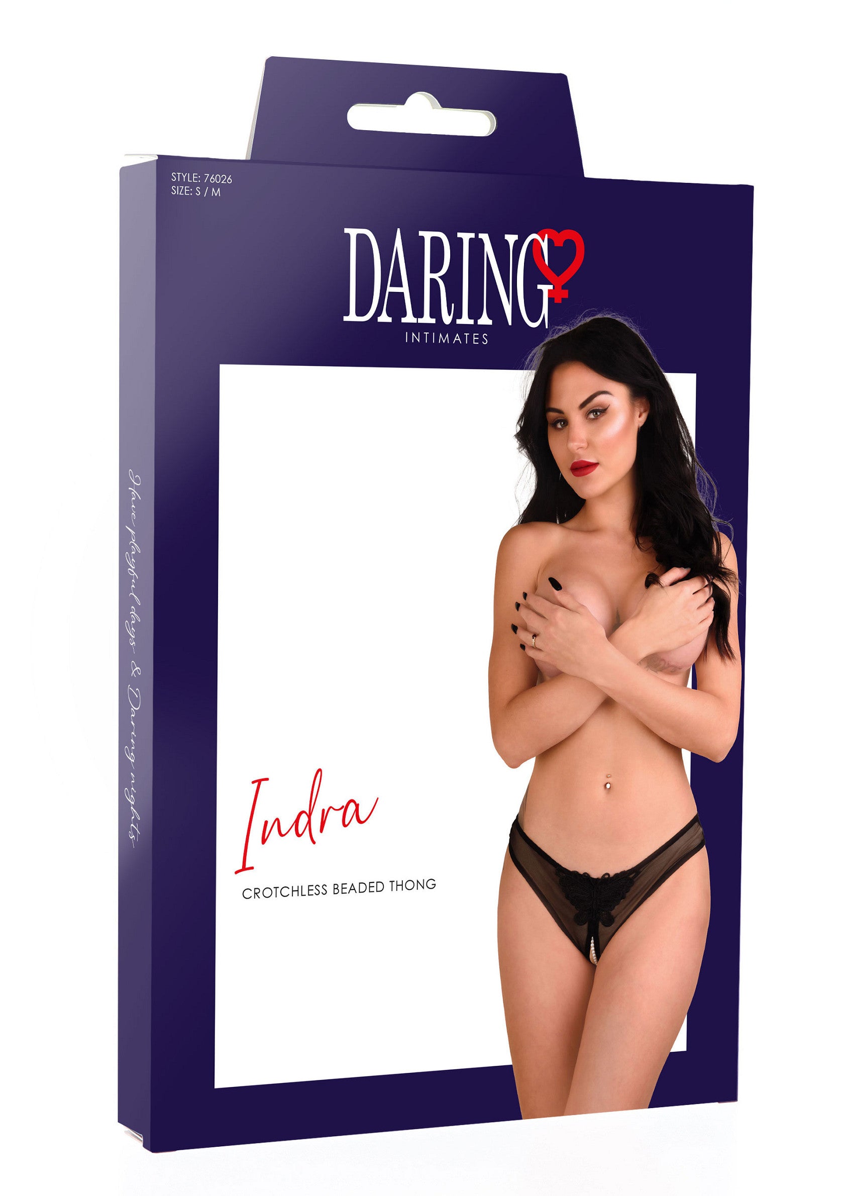 String ouvert noir 'Indra' de Daring Intimates. Lingerie érotique avec perles.; Zwarte open string 'Indra' van Daring Intimates. Erotische lingerie met kralen.; Black crotchless thong 'Indra' by Daring Intimates. Erotic beaded lingerie.
