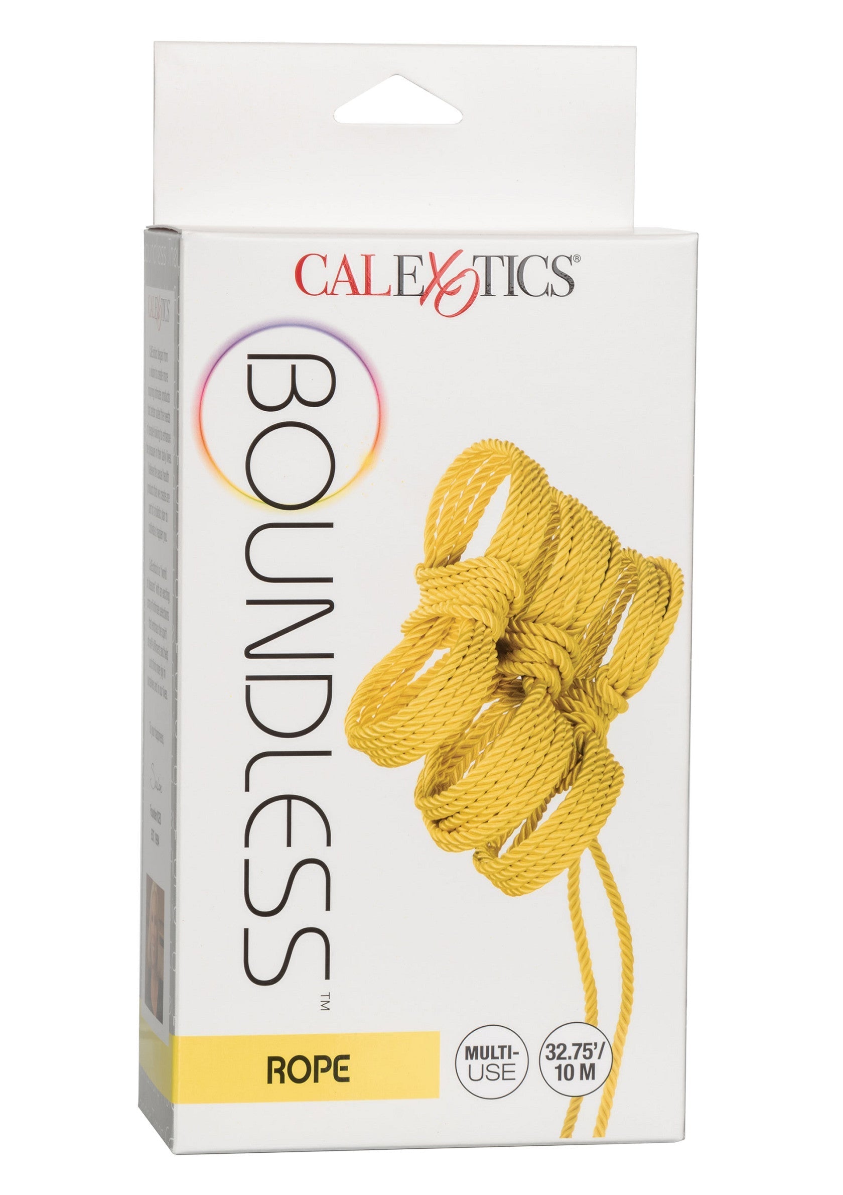 Corde Calexotics Boundless Rope jaune. 10 mètres de corde multi-usage pour jeux coquins.; Calexotics Boundless Rope geel. 10 meter multifunctioneel touw voor ondeugende spelletjes.; Calexotics Boundless Rope yellow. 10 meter multi-use rope for kinky games.