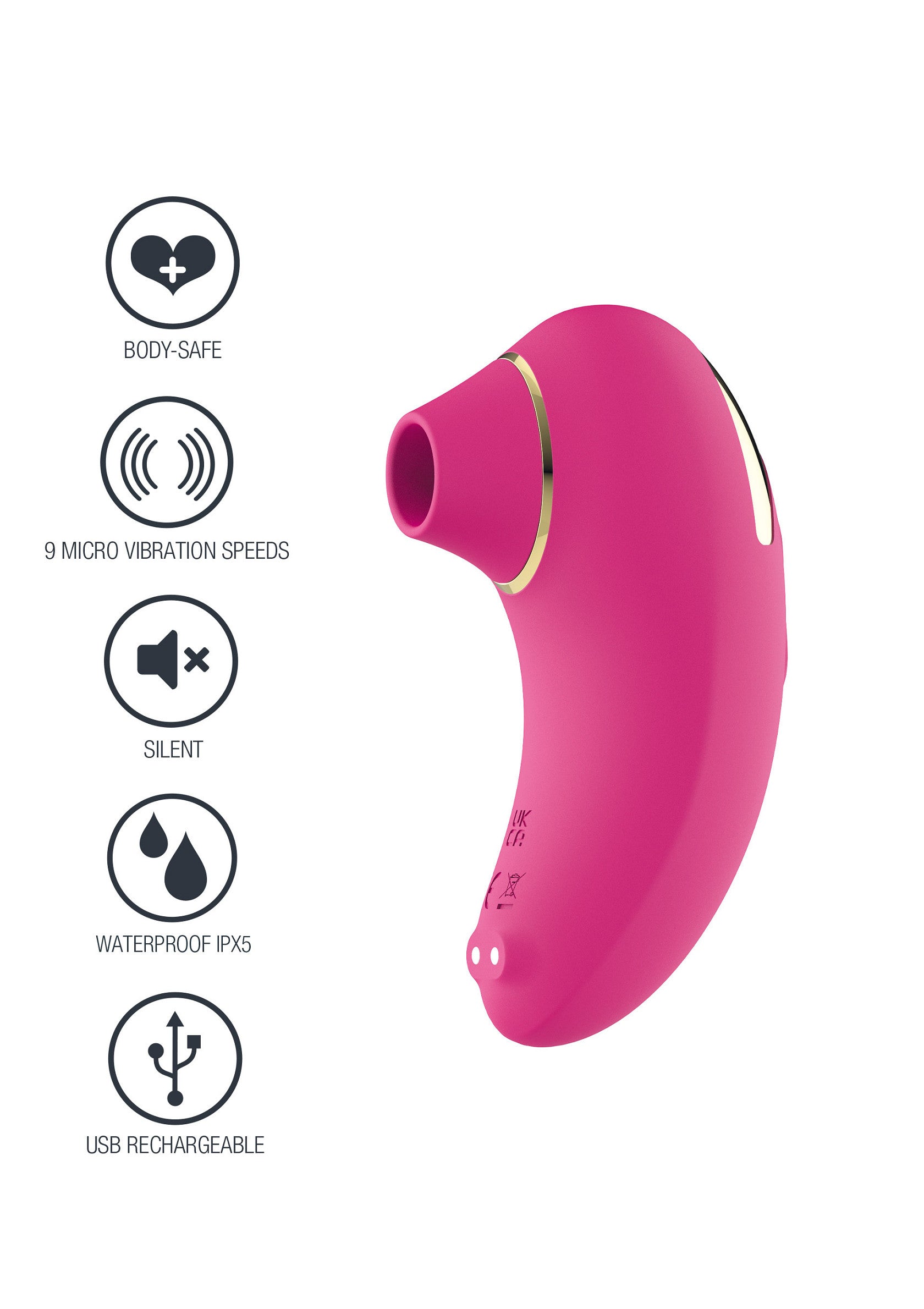 Stimulateur clitoridien rose, 9 vitesses, étanche IPX5, rechargeable USB et sûr pour le corps.; Roze clitorisstimulator, 9 standen, waterdicht IPX5, USB-oplaadbaar en veilig voor het lichaam.; Pink clitoral stimulator, 9 speeds, waterproof IPX5, USB rechargeable, and body-safe.