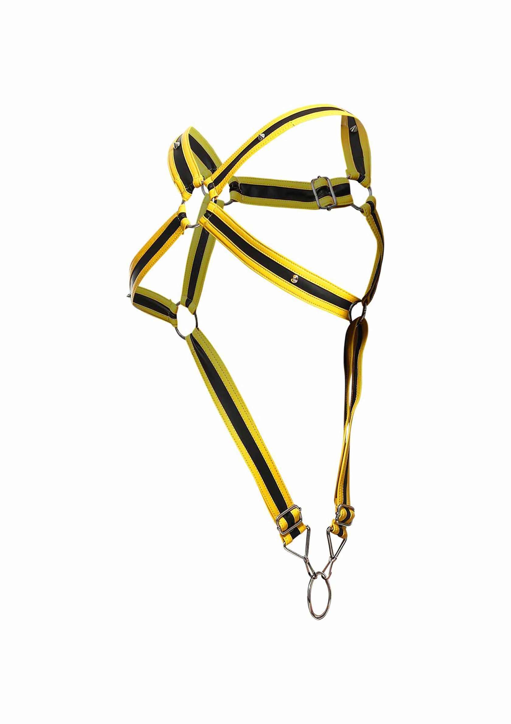 Harnais rayé noir et jaune, accessoire de mode audacieux et original.; Zwart en geel gestreept harnas, gedurfd en origineel modeaccessoire.; Black and yellow striped harness, bold and original fashion accessory.