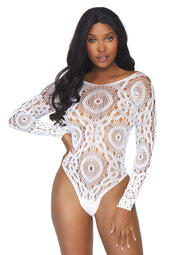 Body en dentelle blanche à manches longues pour une allure séduisante et élégante.; Witte kanten body met lange mouwen voor een verleidelijke en elegante look.; White lace bodysuit with long sleeves for a seductive and elegant look.