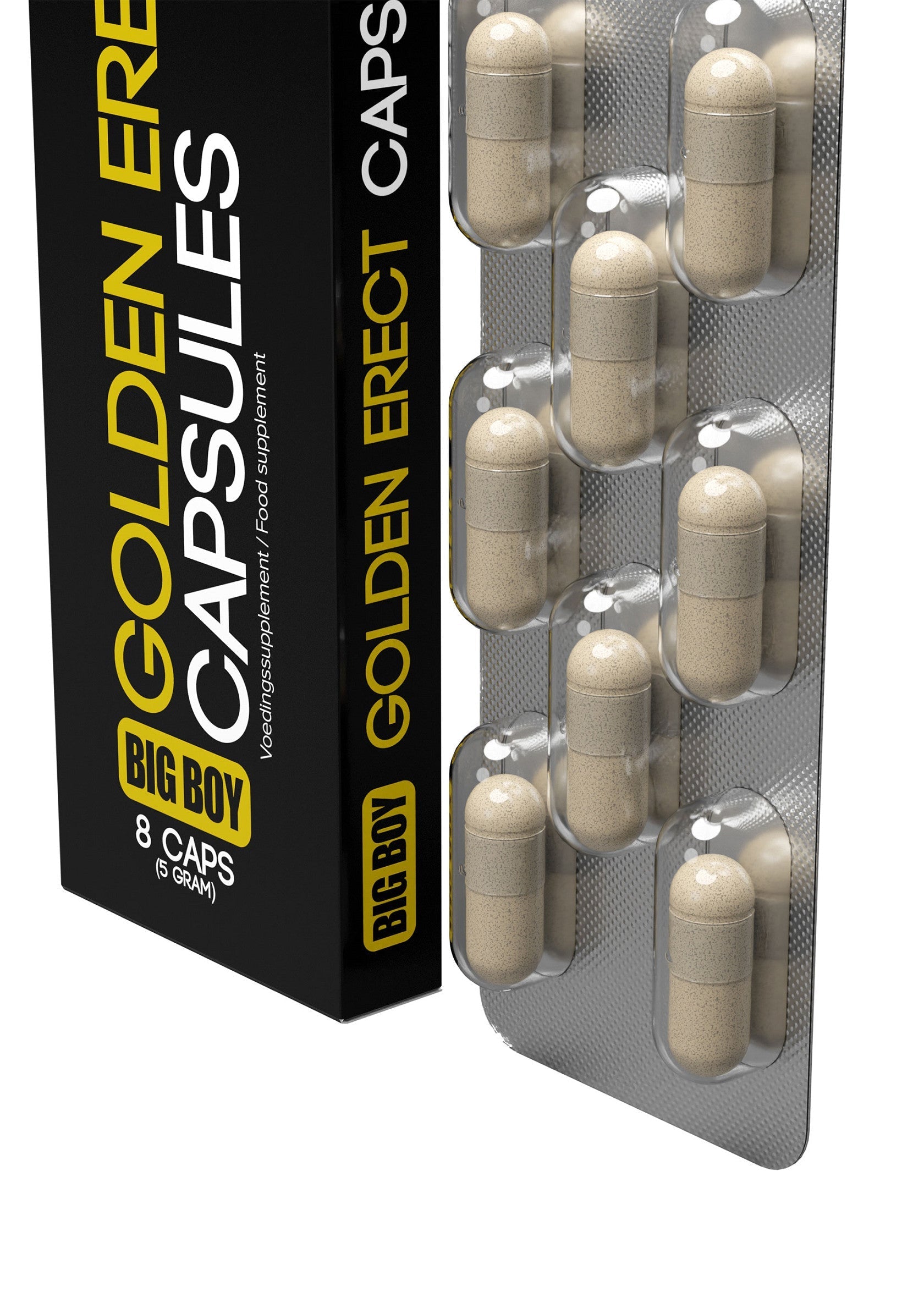 Big Boy Golden Erect Capsules, un complément alimentaire pour les hommes. 8 capsules par boîte.; Big Boy Golden Erect Capsules, een voedingssupplement voor mannen. 8 capsules per doos.; Big Boy Golden Erect Capsules, a dietary supplement for men. 8 capsules per box.
