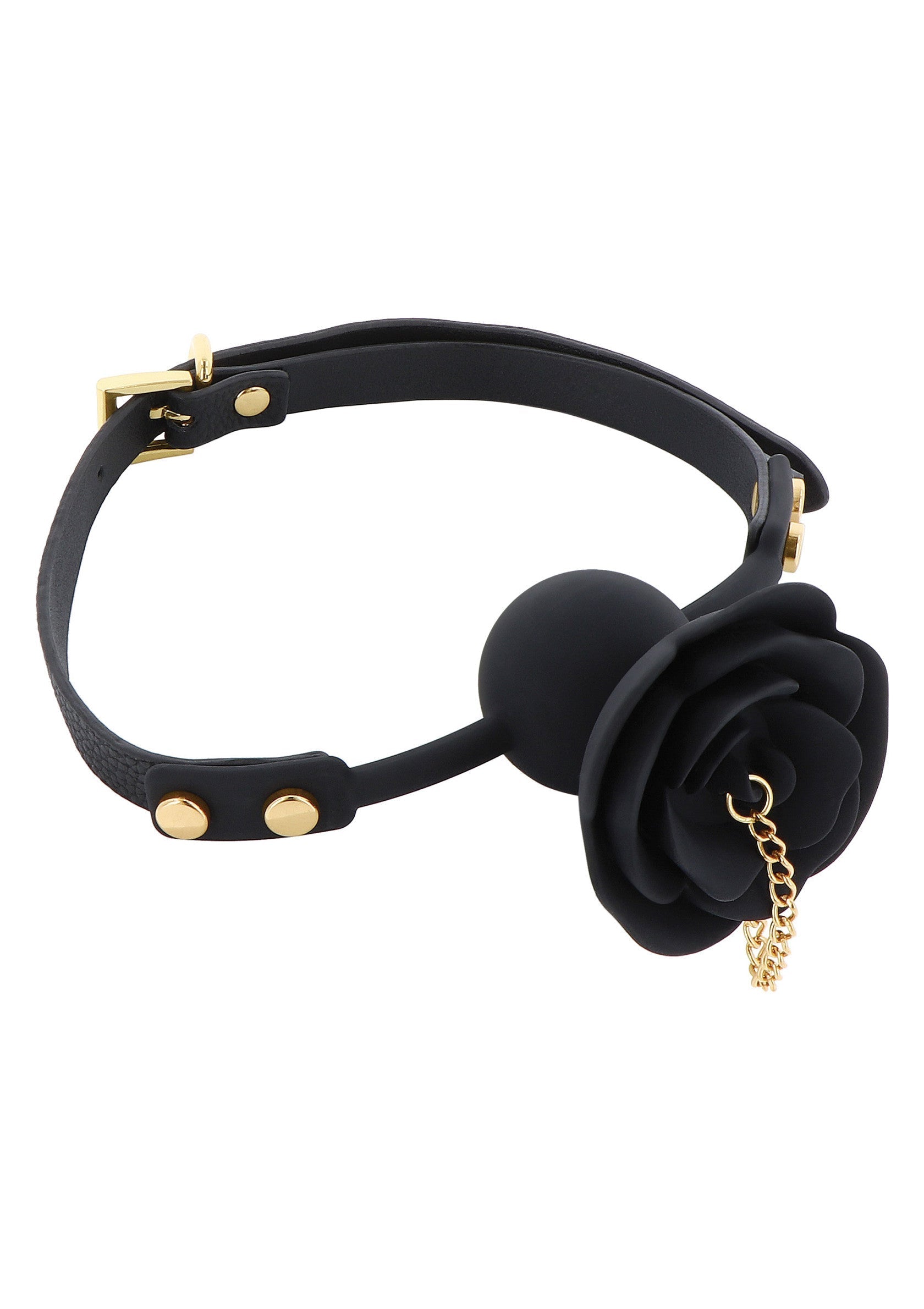 Gag de bouche noir avec rose et chaîne dorée pour un plaisir intense. Un accessoire coquin pour pimenter votre vie amoureuse.; Zwarte knevel met roos en gouden ketting voor intens plezier. Een ondeugend accessoire om uw liefdesleven op te fleuren.; Black ball gag with rose and gold chain for intense pleasure. A naughty accessory to spice up your love life.