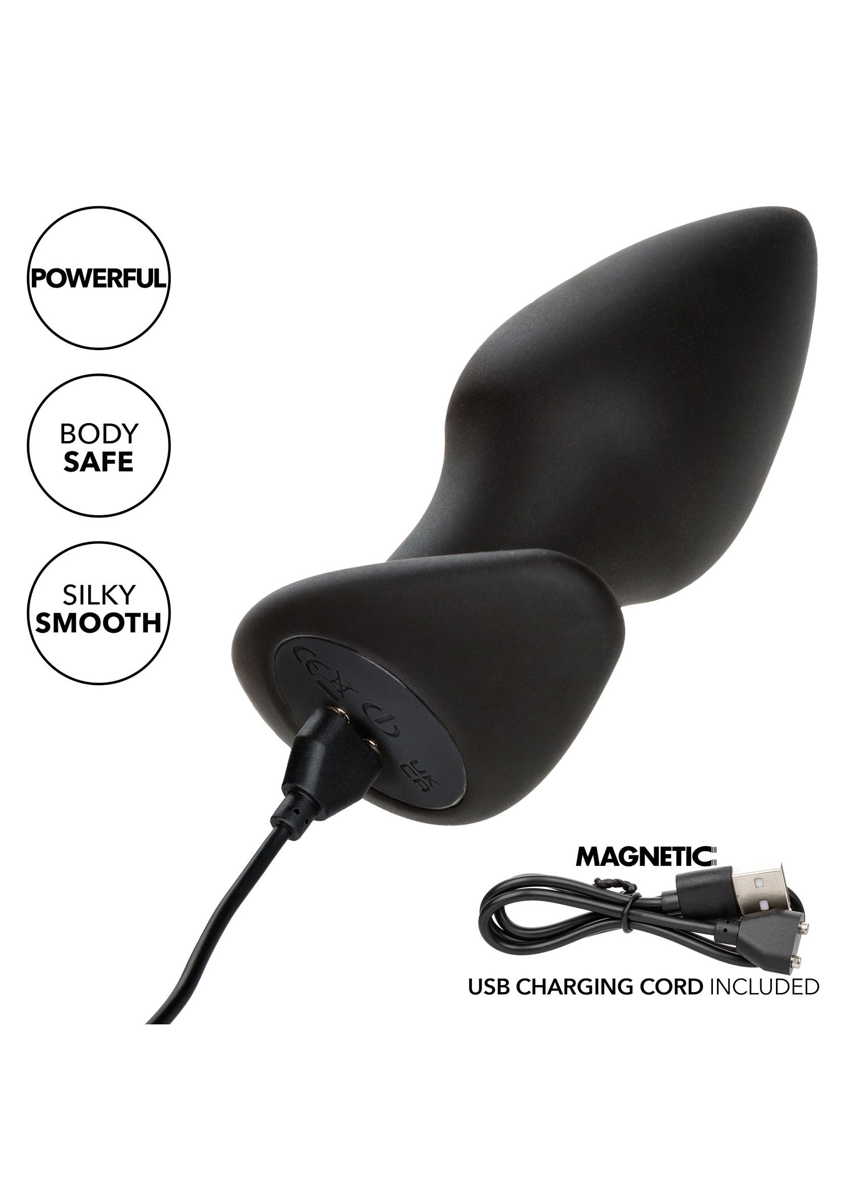 Plug anal noir vibrant avec cordon de charge USB magnétique inclus, puissant et lisse.; Zwarte vibrerende anale plug met magnetische USB-oplaadkabel inbegrepen, krachtig en glad.; Black vibrating butt plug with magnetic USB charging cord included, powerful, body safe and silky smooth.