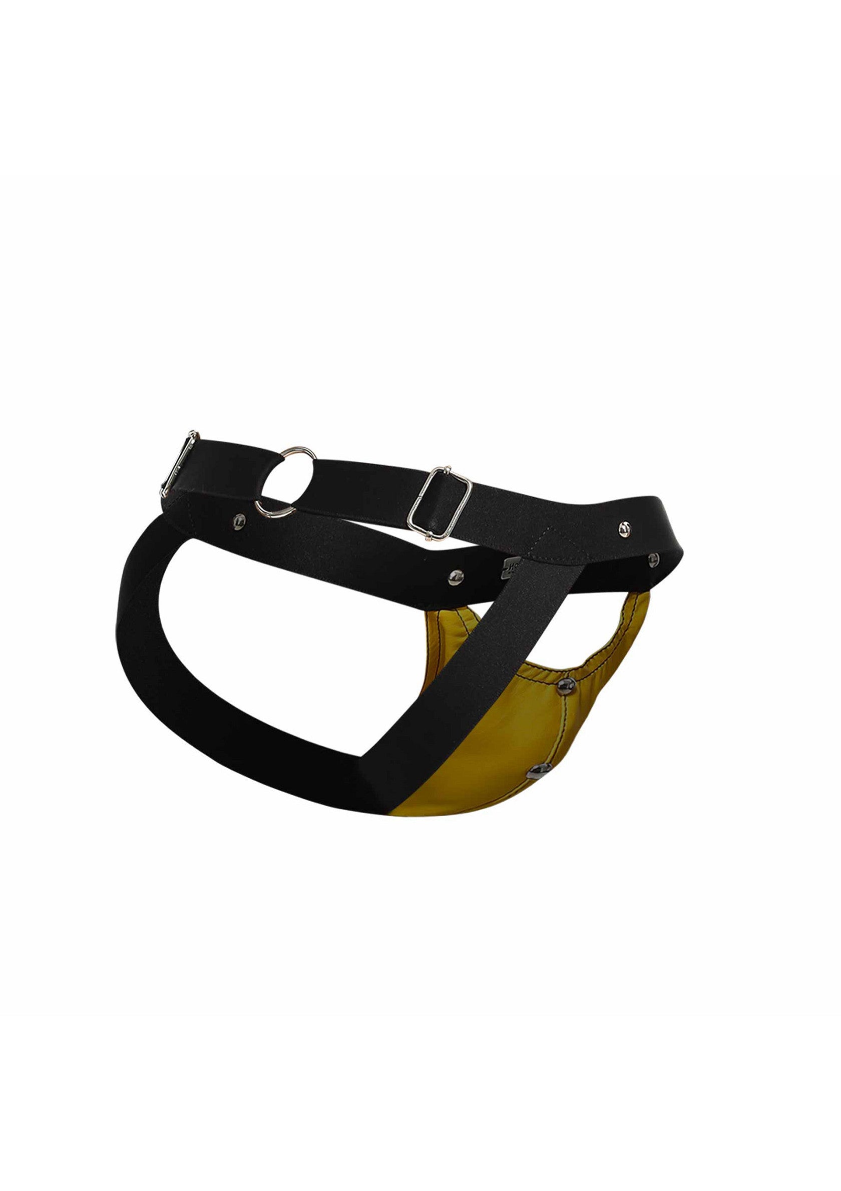 Jockstrap noir et or avec ceinture réglable pour un confort et un maintien optimaux.; Zwarte en gouden jockstrap met verstelbare band voor comfort en ondersteuning.; Black and gold jockstrap with adjustable strap for comfort and support.