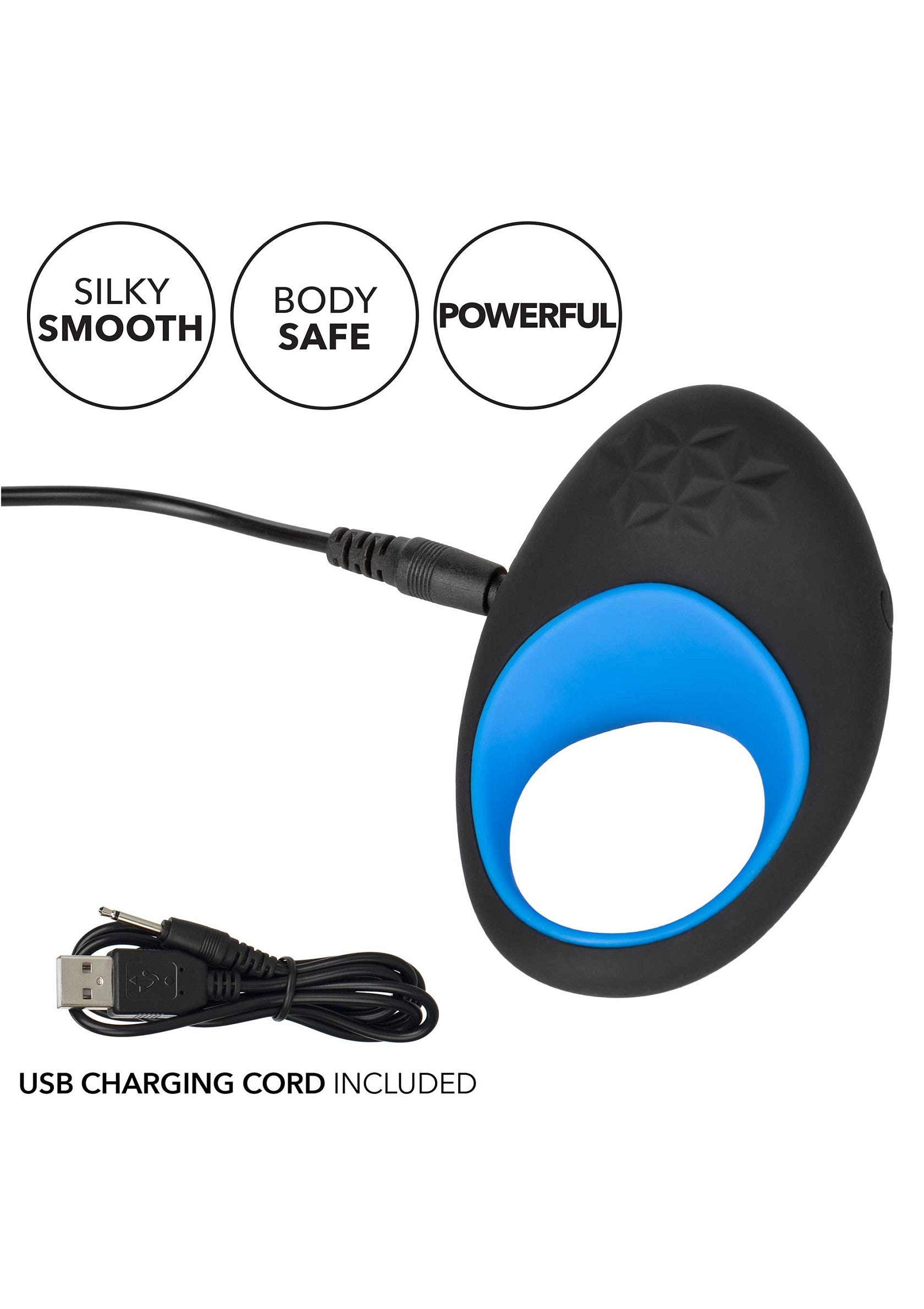 Anneau vibrant rechargeable noir et bleu, doux et puissant. Câble USB inclus pour une expérience optimale.; Zwart-blauwe oplaadbare vibrerende ring, glad en krachtig. Inclusief USB-kabel voor optimale ervaring.; Black and blue rechargeable vibrating ring, smooth and powerful. USB charging cord included for optimal experience.