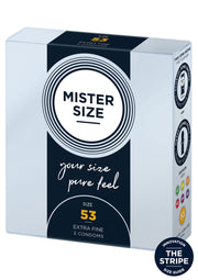 Préservatifs Mister Size 53 pour une sensation naturelle et une protection optimale. Trouvez votre taille idéale !; Mister Size 53 condooms voor een natuurlijk gevoel en optimale bescherming. Vind jouw perfecte maat!; Mister Size 53 condoms for a natural feel and optimal protection. Find your perfect fit!