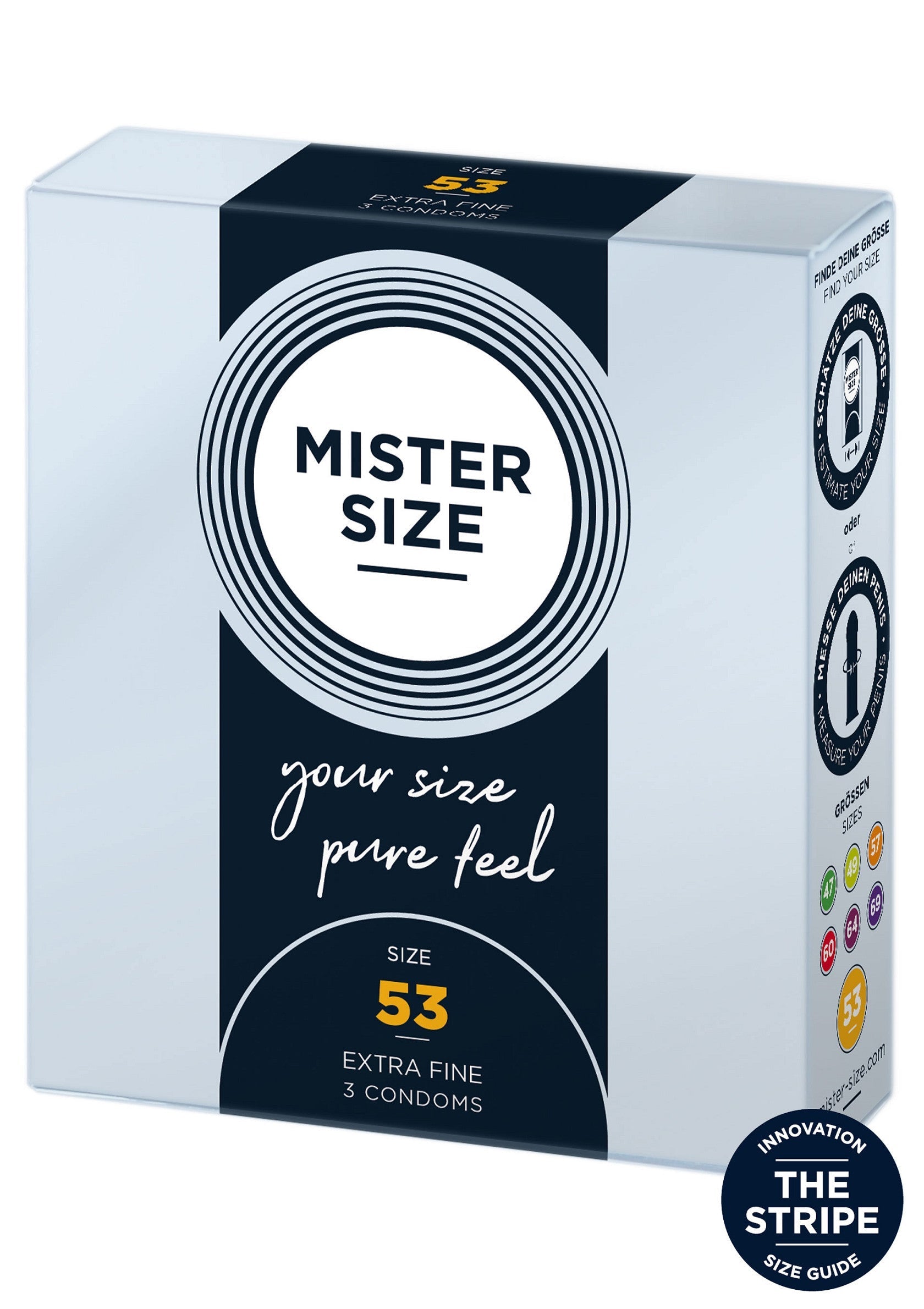 Préservatifs Mister Size 53 pour une sensation naturelle et une protection optimale. Trouvez votre taille idéale !; Mister Size 53 condooms voor een natuurlijk gevoel en optimale bescherming. Vind jouw perfecte maat!; Mister Size 53 condoms for a natural feel and optimal protection. Find your perfect fit!